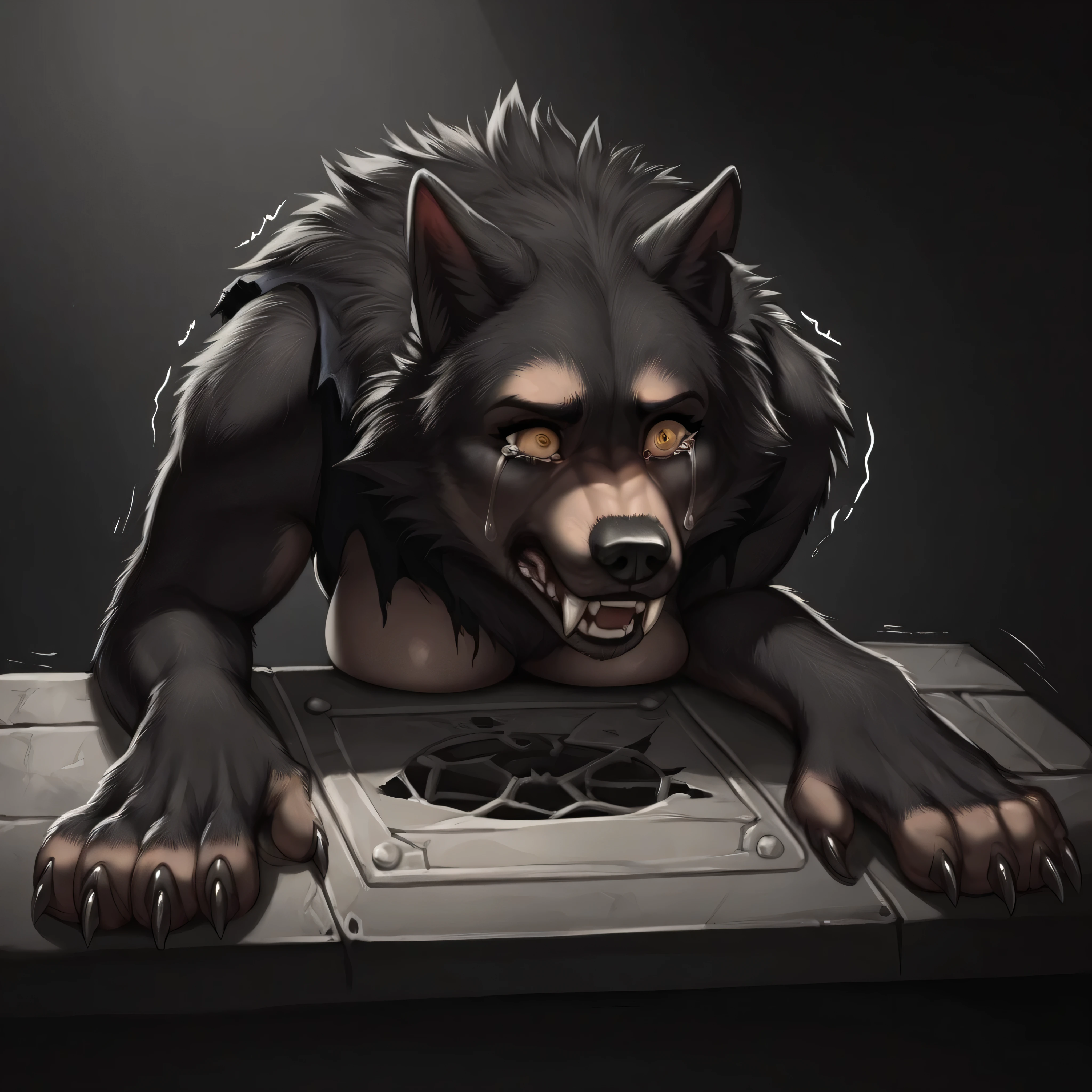 Werewolf transformation, human:1.3, [human: wolf:0.8], [arms: paws:0.8], fangs:0.8, female, [human skin: fur: 0.6], [human face: snout:0.4], wolf nose, detailed fur, shaking:0.9, crying, sweating, slobbering:1.2, in pain:0.8, scared:0.8, confused:0.8, torn clothes:1.1, deep night, darkness, (illustration, masterpiece, fantasy, deep shades, ultra detailed)