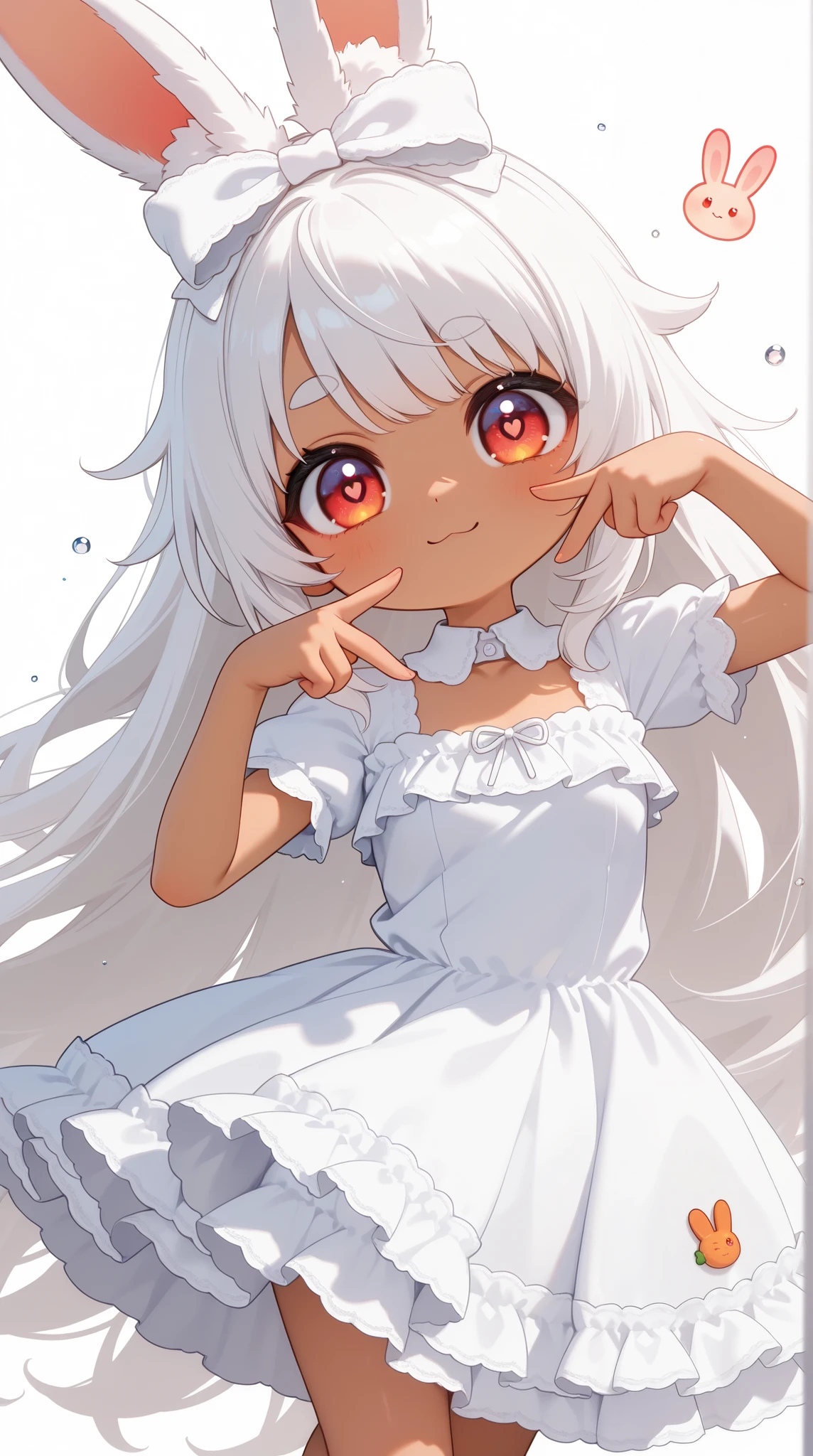 (solo:1.2),1girl\(chibi,cute,kawaii,(white hair:1.4),(very long hair:1.6),bangs,(ear\(fluffy,white,rabbit-ear\):1.4),red eye,big eye,beautiful shiny eye,detailed pupils,skin color white,big black hairbow,(white frilled silky dress:1.3),breast,cute pose,cute hand sign,korean idol pose,cute symbol in eye,\),colorful roses,beautiful water splash,beautiful day\),close-up girl,3d,(((dynamic pose))),masterpiece,best quality,newest,
