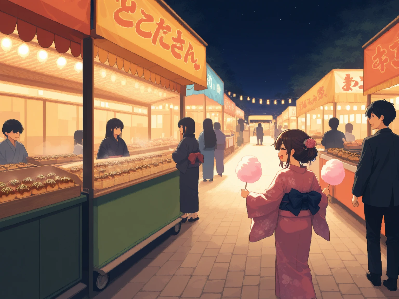 (masterpiece:1.3, highres:1.3, top quality, pixel art), Outdoor, night, People passing by:1.3, Fun atmosphere, bustling, fair:1.3, many food cart:1.3, stall:1.3, takoyaki, Cotton candy, kimono, smile BREAK Drunk smiling customer, 8k wall paper:1.3