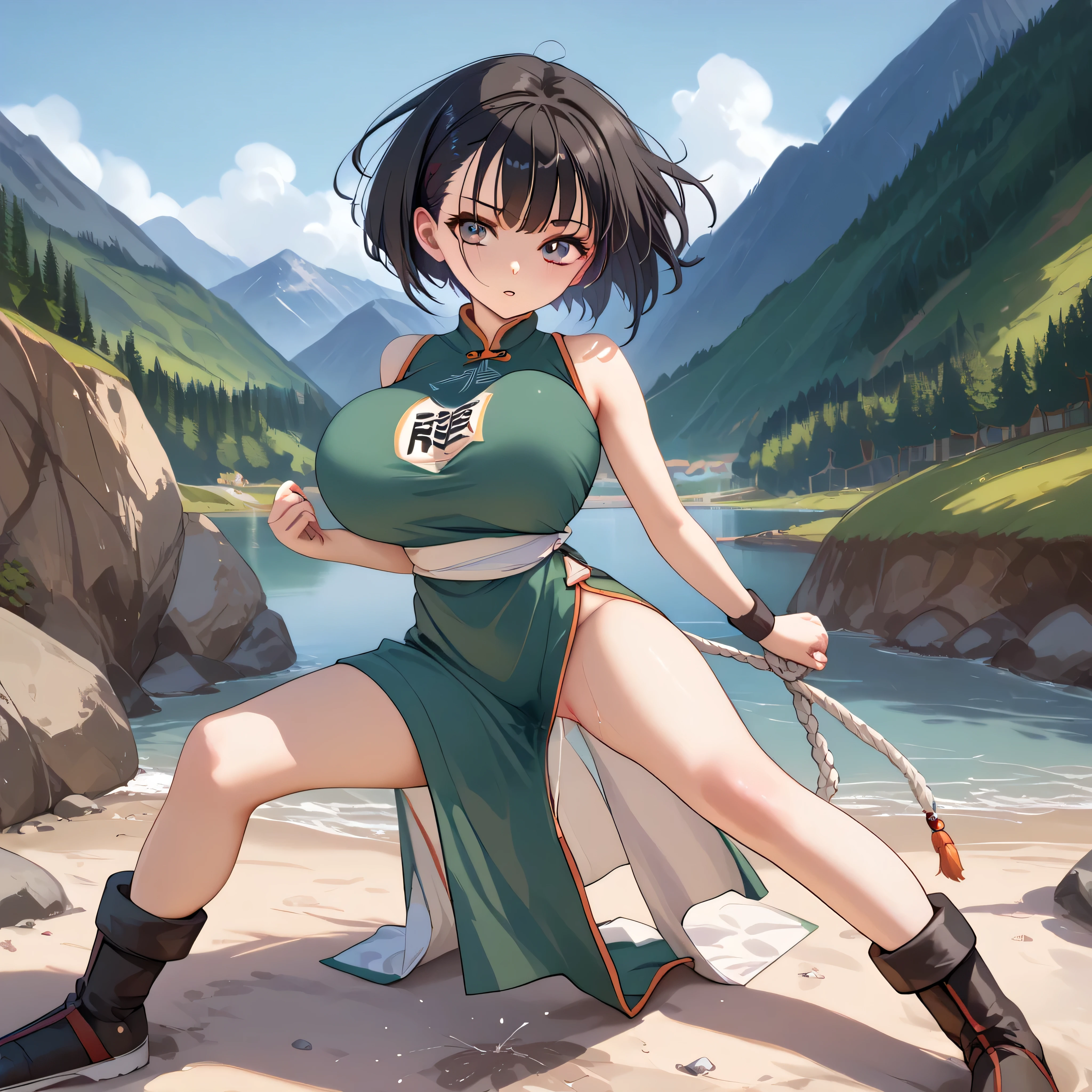 landscape, mountain, BREAK, skinny, 1 ite girl standing, fighter_dq3, (bouncing large breasts), (open legs), looking at viewer, BREAK, black short hair, (large breasts), bursting breasts, (too short torso), (too short waist), (too narrow waist:1.2), skinny legs, (very long legs), BREAK, green chinese dress, bared long legs, bottomless, slit, BREAK, nsfw, pussy juice