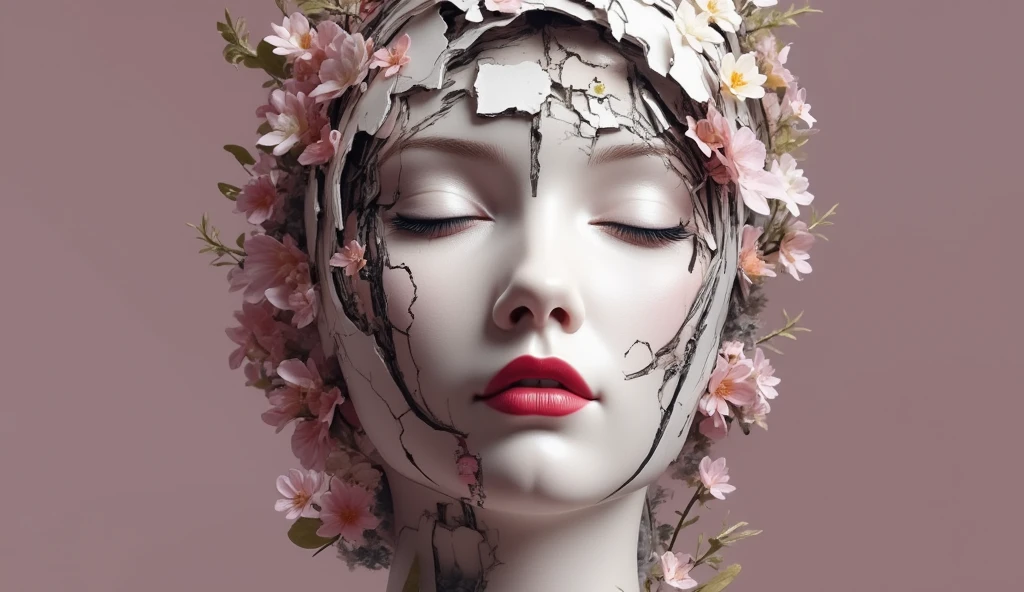  in contrast to the mechanical structure underneath  , 、Intricate floral pattern、 and bright red flowers bloom all over the surface,  with characteristic visible cracks  .  The skin is smooth and shiny  ,  peeks out in the foreground  , からDelicate . Subtle 、 A fine black eyeliner is drawn  ,  enhances the closed eye  ,  The skin is smooth and shiny  . The background is soft ,  with no grayish sound ,  and 、 with a variety of colorful wild flowers  , Delicate , Lips bright red .　 facing forward