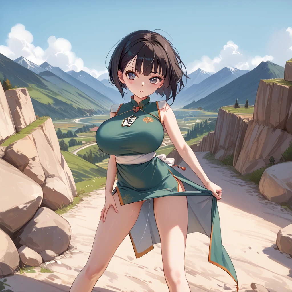 landscape, mountain, BREAK, skinny, 1 ite girl standing, fighter_dq3, (bouncing large breasts), (open legs), looking at viewer, BREAK, black short hair, (large breasts), bursting breasts, (too short torso), (too short waist), (too narrow waist:1.2), small stomach, skinny legs, (very long legs), BREAK, green chinese dress, bared long legs, bottomless, slit, BREAK, nsfw, pussy juice