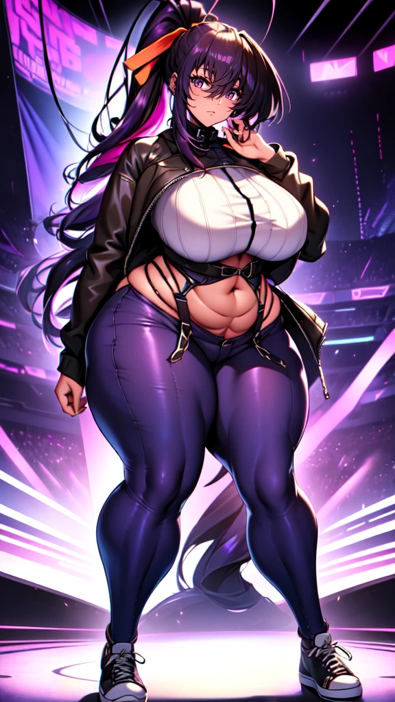 (blank background), (((full body framing))), standing, (masterpiece), (best quality), huge girl, (muscular girl:0.8), (thin hair:1.7), (long blue jeans), massive breast, hair over one eye:1.4, sport bra, (fuchsia hair), belt under navel, sneakers, ((long legs:1.6)), rock band shirt, cute:1.8, adorable:1.8, leather jacket, cyberpunk girl, ear piercings, earrings, tatoo, (very curvy:1.3), 1girl, solo, (curvy:1.4), (HimejimaAkenoNDV, 1girl, black hair, large breasts, very long hair, purple eyes, red skirt, school uniform, shirt, corset, ponytail, hair ribbon, ribbon)