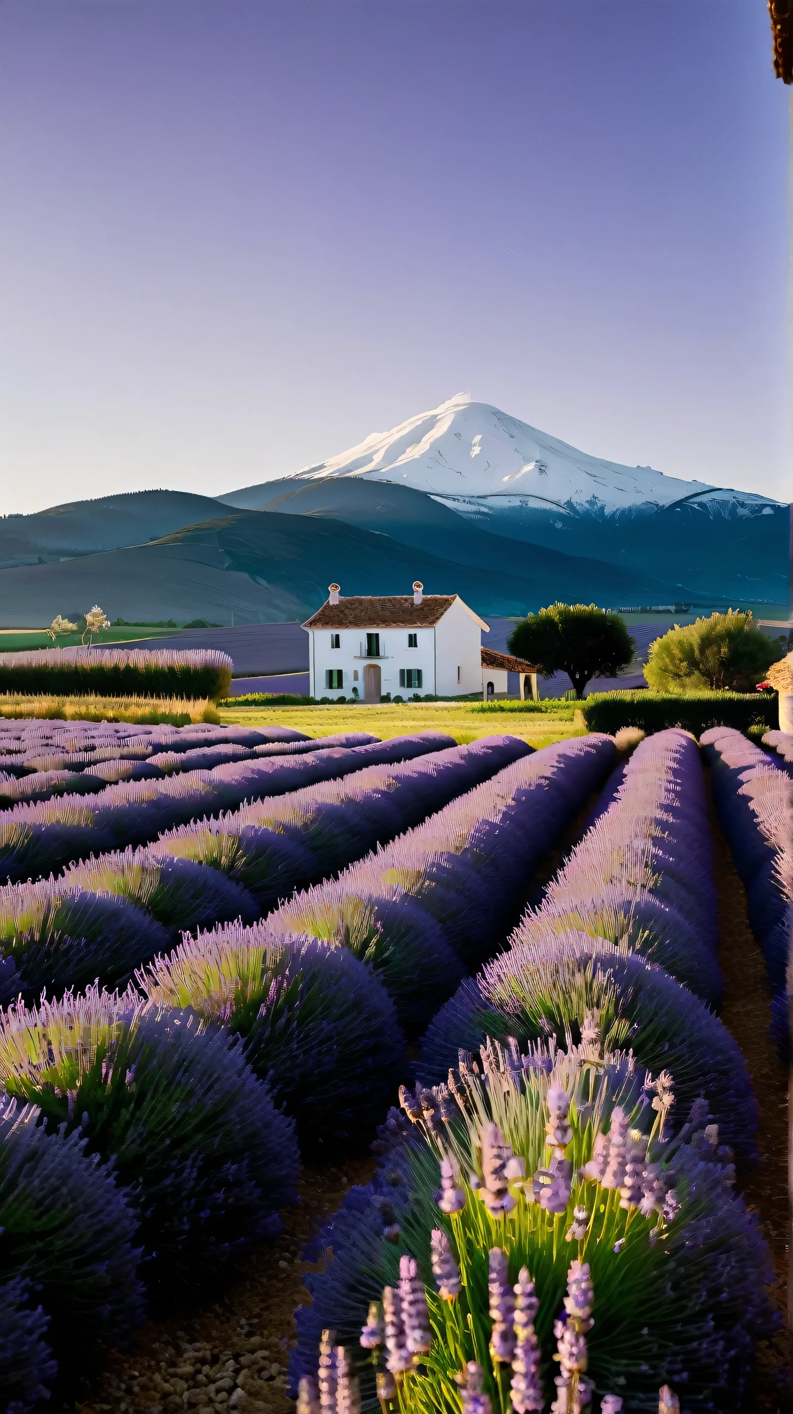" A simple country house , white, located in a lavender field . The house is a little removed from the screen , centered on the image . The background shows a snowy mountain far away , creating a quiet contrast . The sky above the house is clear and clean , cloudless, providing a sense of peace and serenity. The camera used is a 35mm wide angle lens , focusing on the house , but with the surrounding landscape clearly visible . The light is soft, with the natural lighting of the day , destacando as cores vibrantes das lavandas e a casa white no cenário rural."