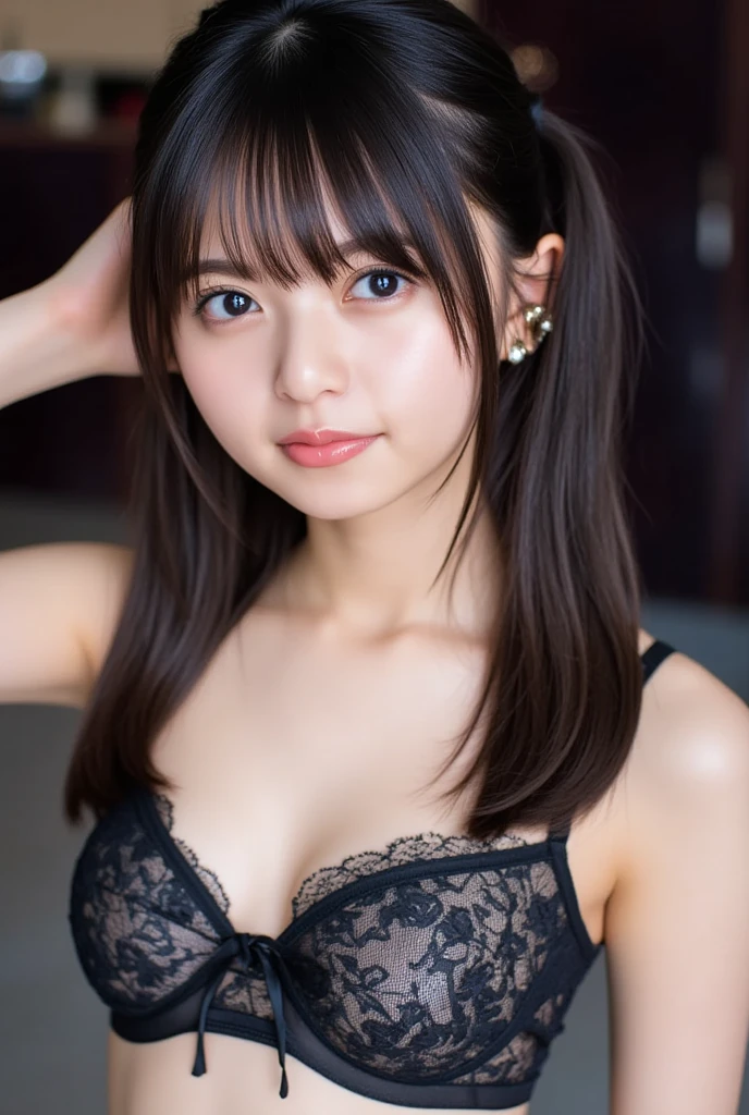 1 girl,  high definition,  top quality, underwear、cleavage cutout、 miniskirt 、 Low Twin Tails 、smile、透けているレース、nipples visible through clothes、covered erectile nipples、