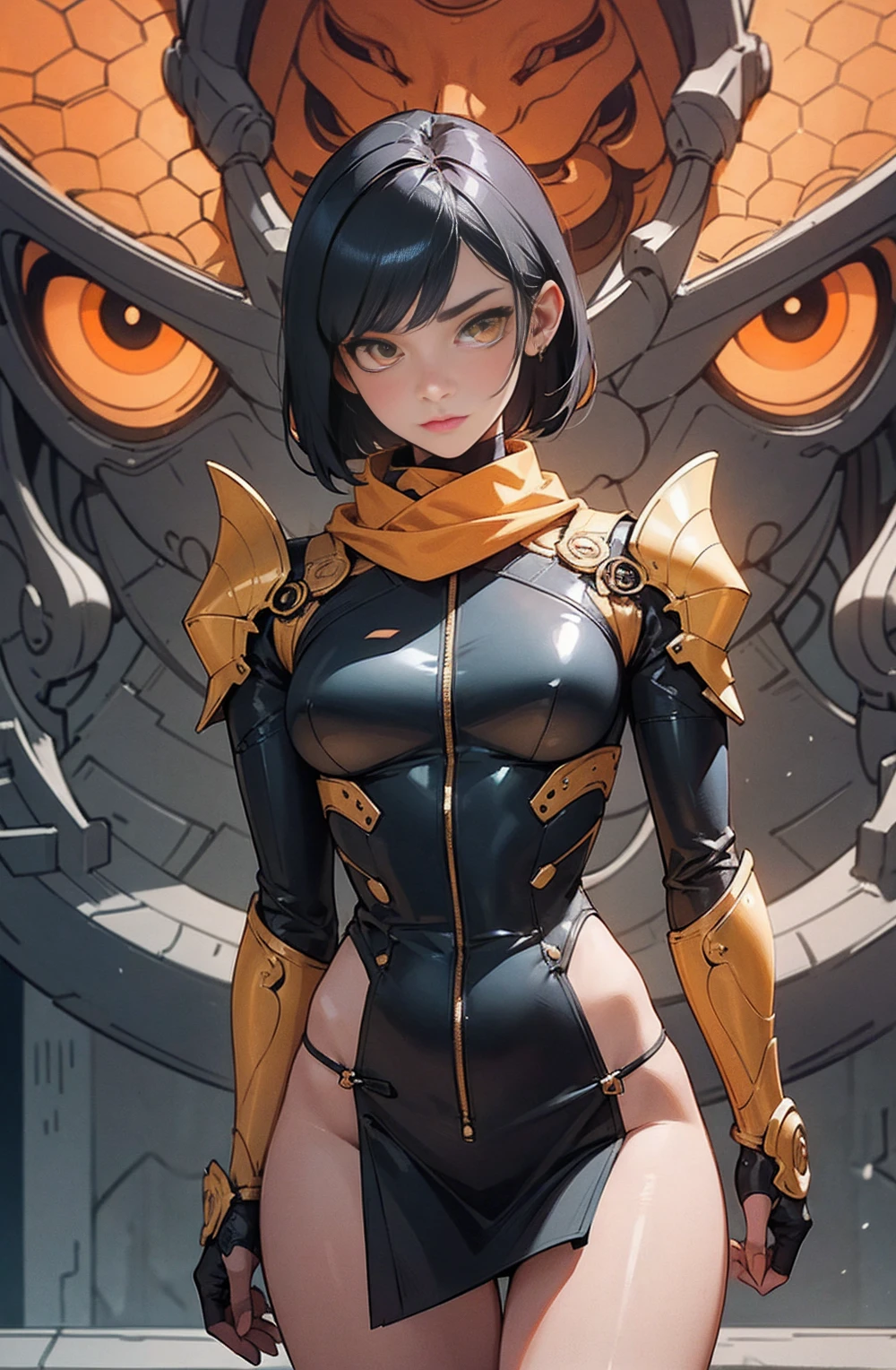(Artwork of exceptional craftsmanship),(Detailed illustrations,(Art based on a very ideal anatomy),Very detailed and detailed drawing,Delicate lines with slow and rapid,(Realistic texture expression)),[Color tressed main line],[Shinjuku background at night],(HENTAI ANIME) (Japanese NINJA Girl (Beauty) 15yo student)  and muscular [Slim & fit body], long blue hair,([hornet] Orange Ninja Battle Armor) scarf [stall] ((Fitting rubber inner) [honeycomb] [edg]) hair adornments (Dull metallic luster:0.8),gravure [KUNOICHI],(Perfectly proportioned),(Fine and beautiful skin expression [realistic skin detail]),(Design built to the highest level,[Advanced structural understanding of materials],Ideal color coordination),(Intricate and beautiful decoration (Dense detail)),(More on shiny hair),[Perfect hand details],(Beautiful perfect face [Realistic face details]),[Clear gaze],[long and beautiful eyelashes], yellow eyes, yellow irises, [Perfect eye details (Eyes beautifully drawn down to the smallest detail)],(detaileds,high-detail),((Precision Detail),[multi-layer texture],HighQuality,hight resolution),[(Accurate simulation of light-material interactions),Understanding Airflow,Mechanically correct representation],[Visual art that conveys a sense of narrative] [Full body like], thigh gap,[[Desaturation]].