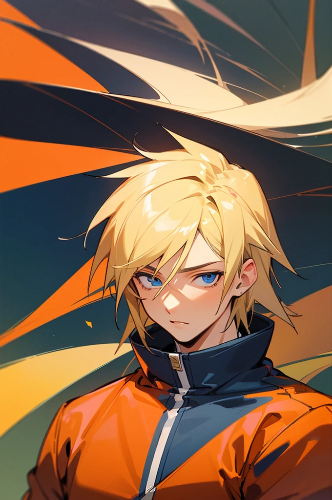 (masterpiece, best quality:1.3), (ultra-detailed:1.3), 1male, solo, , (Blonde hair), Dark Blue eyes, (Cool clothing), orange hoodie.