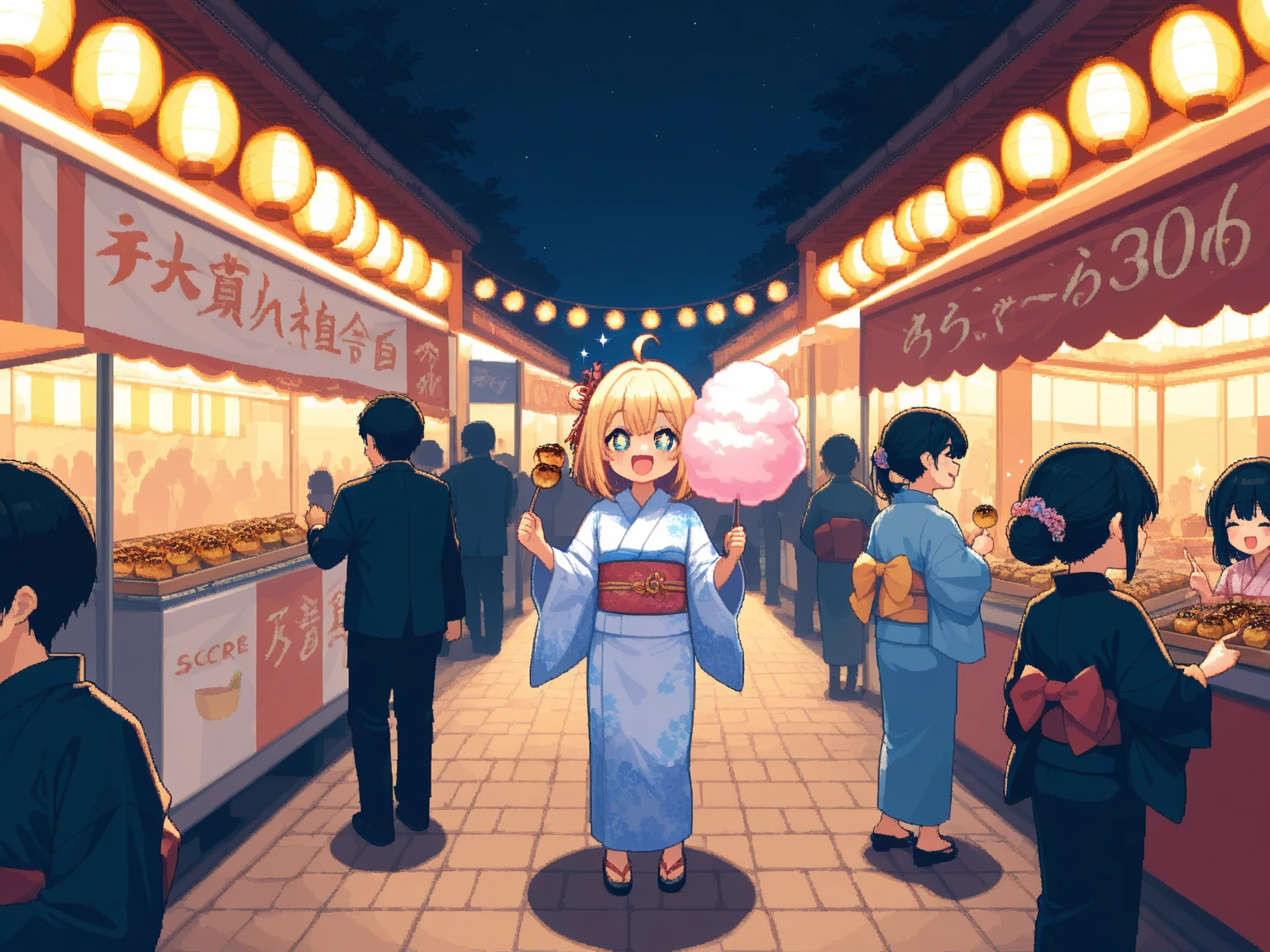 (masterpiece:1.3, highres:1.3, top quality, pixel art), Outdoor, night, many People passing by:1.3, Fun atmosphere, bustling, fair:1.3, many food cart:1.3, stall:1.3, takoyaki, Cotton candy, 3girl, Make your eyes sparkle, + +:1.3, kimono, smile BREAK Drunk smiling customer, 8k wall paper:1.3