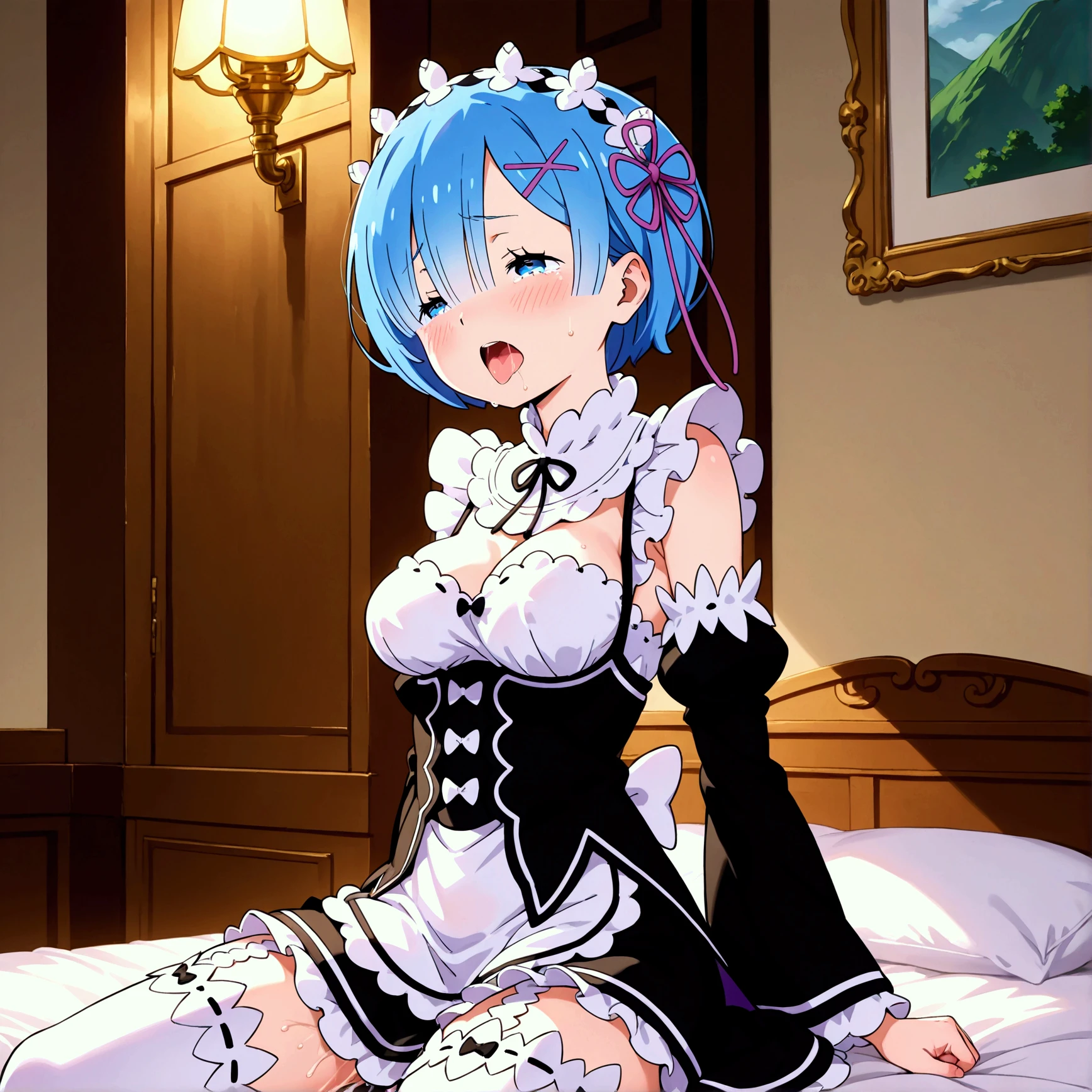 (Masterpiece, Best quality; 2.0), Ultra detailed, view the viewer, Castle, lying on bed,Smile, REM_re_Zero, Blue hair, Short hair, Maid uniform, hair adornments, cleavage, maid headdress, Detached sleeves, ribbon