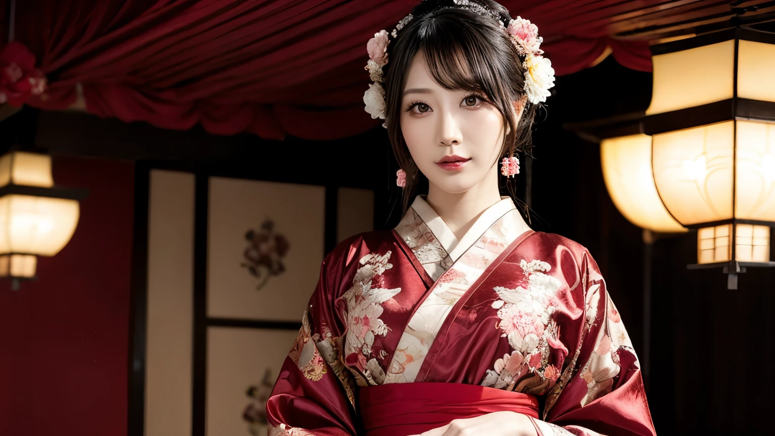 an elegant courtesan, in a lavish brothel room, folding screens, warm lantern lights, scattered flower petals, wearing a vibrant kimono with luxurious embroidery, standing gracefully, a seductive smile, wearing traditional Japanese hairstyle adorned, with ornamental hairpins and flowers, refined sensuality, captivating presence, slendar figure, adult sexiness, alluring, glossy face, begging expression, {realistic photo style}, {cinematic}, {dramatic}