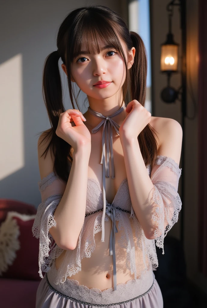 1 girl,  high definition,  top quality, underwear、cleavage cutout、 miniskirt 、 Low Twin Tails 、smile、透けているレース、nipples visible through clothes、covered erectile nipples、