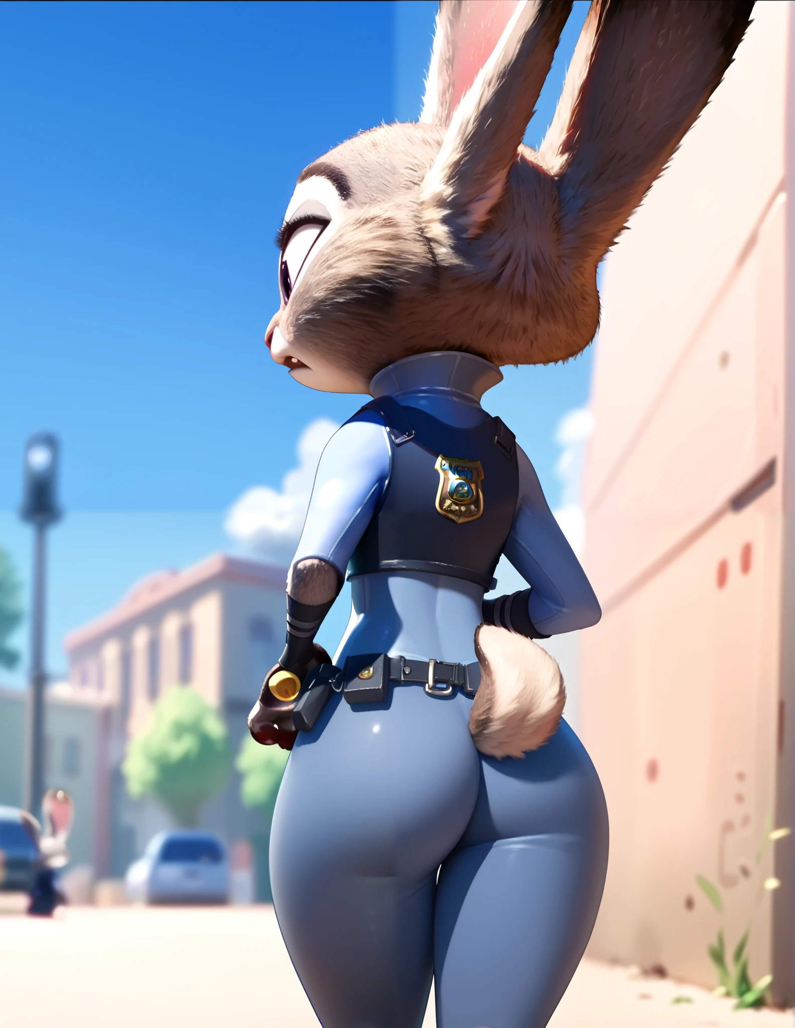 check_9, check_8_up, check_7_up, check_6_up, source_fluffy DUO, macro Judy Hopps, Dark, night, Backlight, One, police uniform, Thigh Squeeze , hands at sides, foreground, portrait, wide hips, shows off her big ass, Nick wilde being squeezed by Judy's thighs