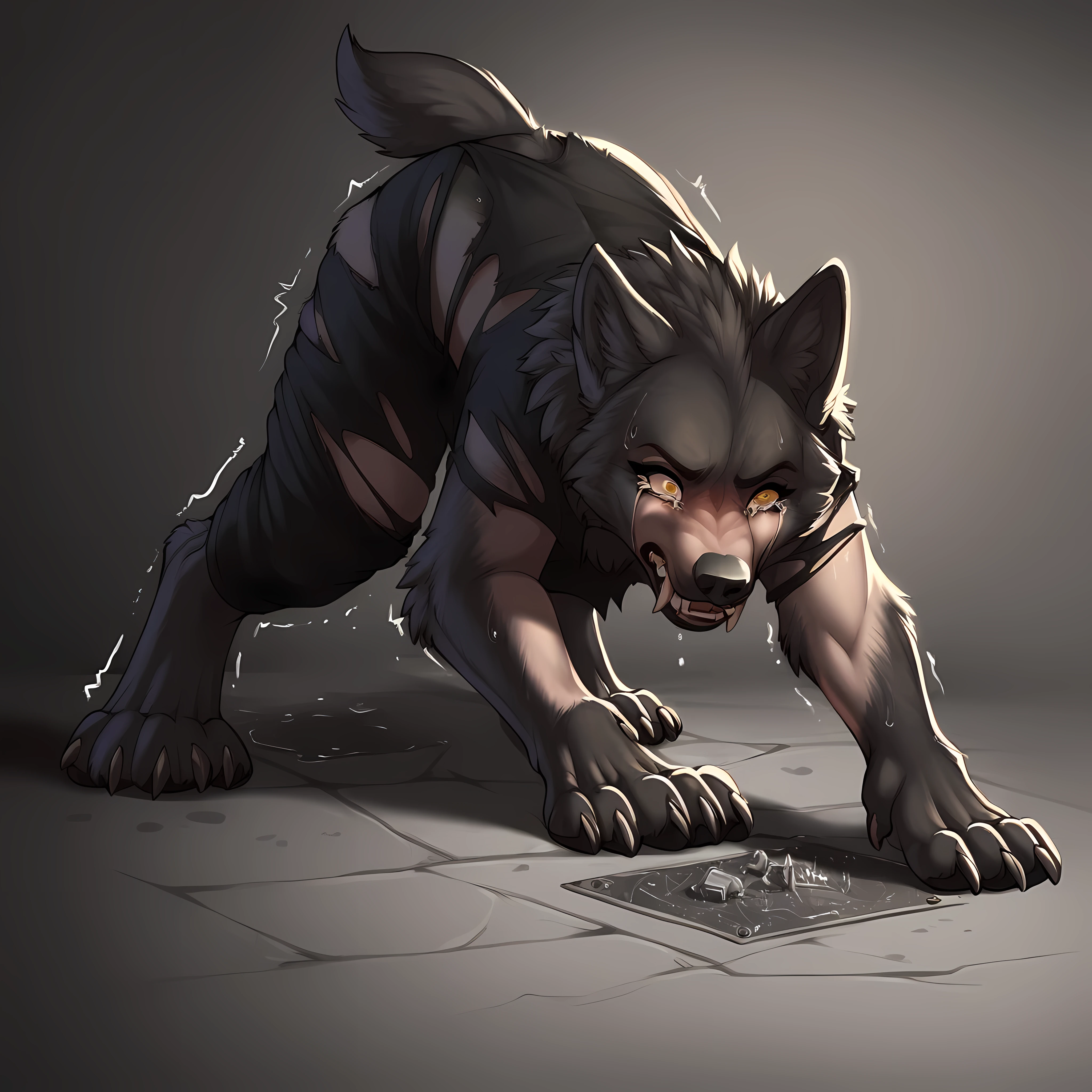 Werewolf transformation, human:1.3, [human: wolf:0.8], [arms: paws:0.8], fangs:0.8, female, [human skin: fur: 0.6], [human face: snout:0.4], wolf nose, detailed fur, shaking:0.9, crying, sweating, slobbering:1.2, in pain:0.8, scared:0.8, confused:0.8, torn clothes:1.1, deep night, darkness, (illustration, masterpiece, fantasy, deep shades, ultra detailed)