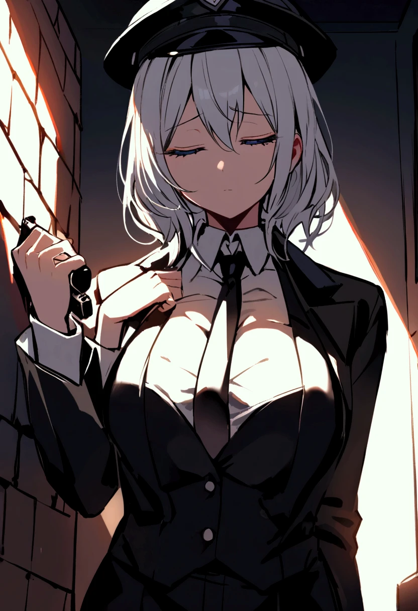 girl, white short hair, black outfit, wavy bob hair, black long coat, black shirt, smoking cigarette, sharp eyes, large breasts, beautiful red eye, outside, full body, at night, from above, looking away