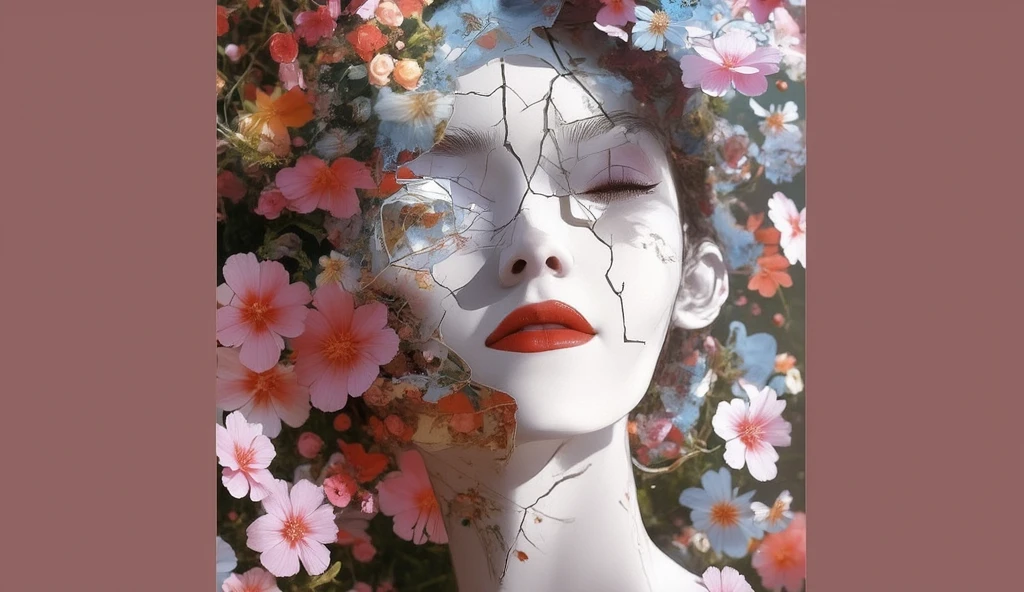  in contrast to the mechanical structure underneath  , 、Intricate floral pattern、 and bright red flowers bloom all over the surface,  with characteristic visible cracks  .  The skin is smooth and shiny  ,  peeks out in the foreground  , からDelicate . Subtle 、 A fine black eyeliner is drawn  ,  enhances the closed eye  ,  The skin is smooth and shiny  . The background is soft ,  with no grayish sound ,  and 、 with a variety of colorful wild flowers  , Delicate , Lips bright red .　 facing forward