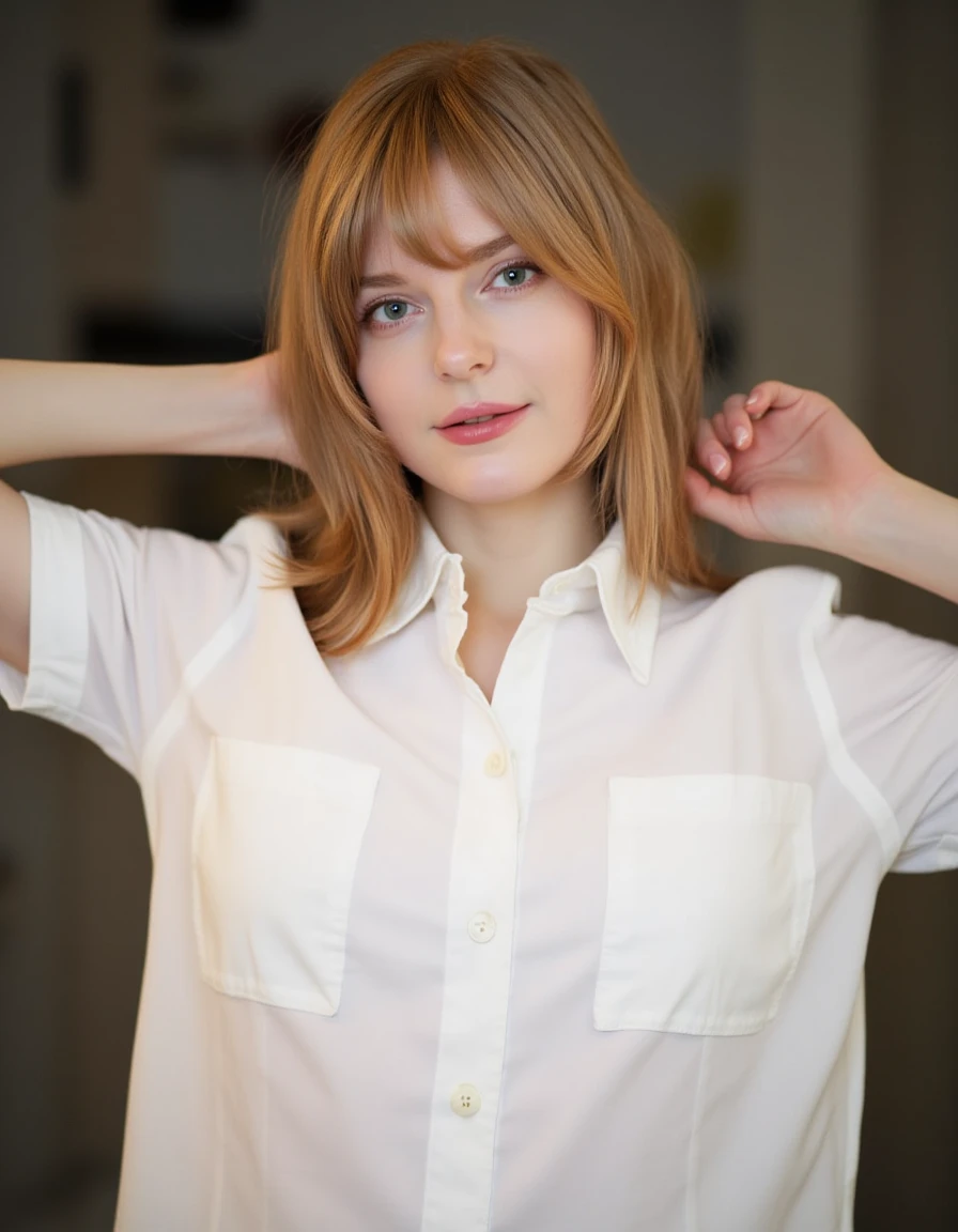 Realistic portrait of a beautiful **-****-*** blonde Dutch high school girl.
3-quarter front upper body shot, sharp focus, 16K resolution.
She is threatened by the audience and rolls up the sleeves of her white short-sleeved blouse to her shoulders to show the audience her armpits.
Her armpits are silky smooth but wet and shiny with sweat.
The audience's attention is focused on her beautiful sweaty armpits.
Her armpits smell nice with vanilla and lemon, but she thinks they stink.