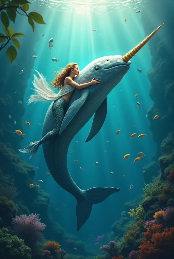 what would a mermaid's child look like with a swordfish while small portions of sperm swim in the sea