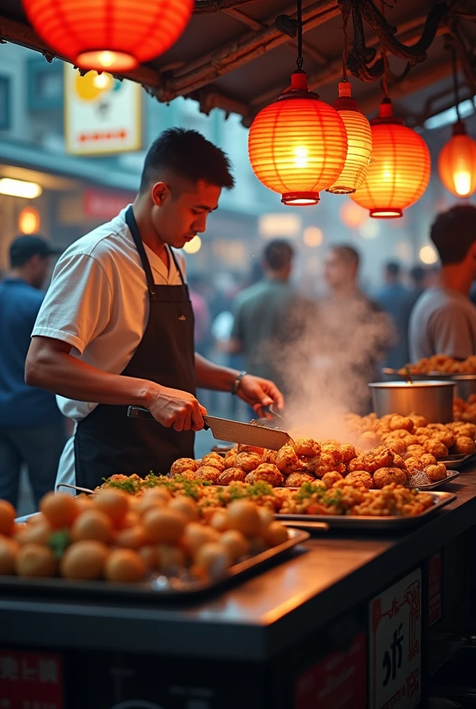 a bustling street food stall, fresh and savory delicacies, vibrant colors, enticing aromas, dynamic crowd, lively atmosphere, street vendor, assorted street food, sizzling cooking, mouthwatering textures, atmospheric lighting, gritty urban setting, cinematic composition, detailed rendering, photorealistic, warm color tones, dynamic perspective, 8k, highly detailed, masterpiece