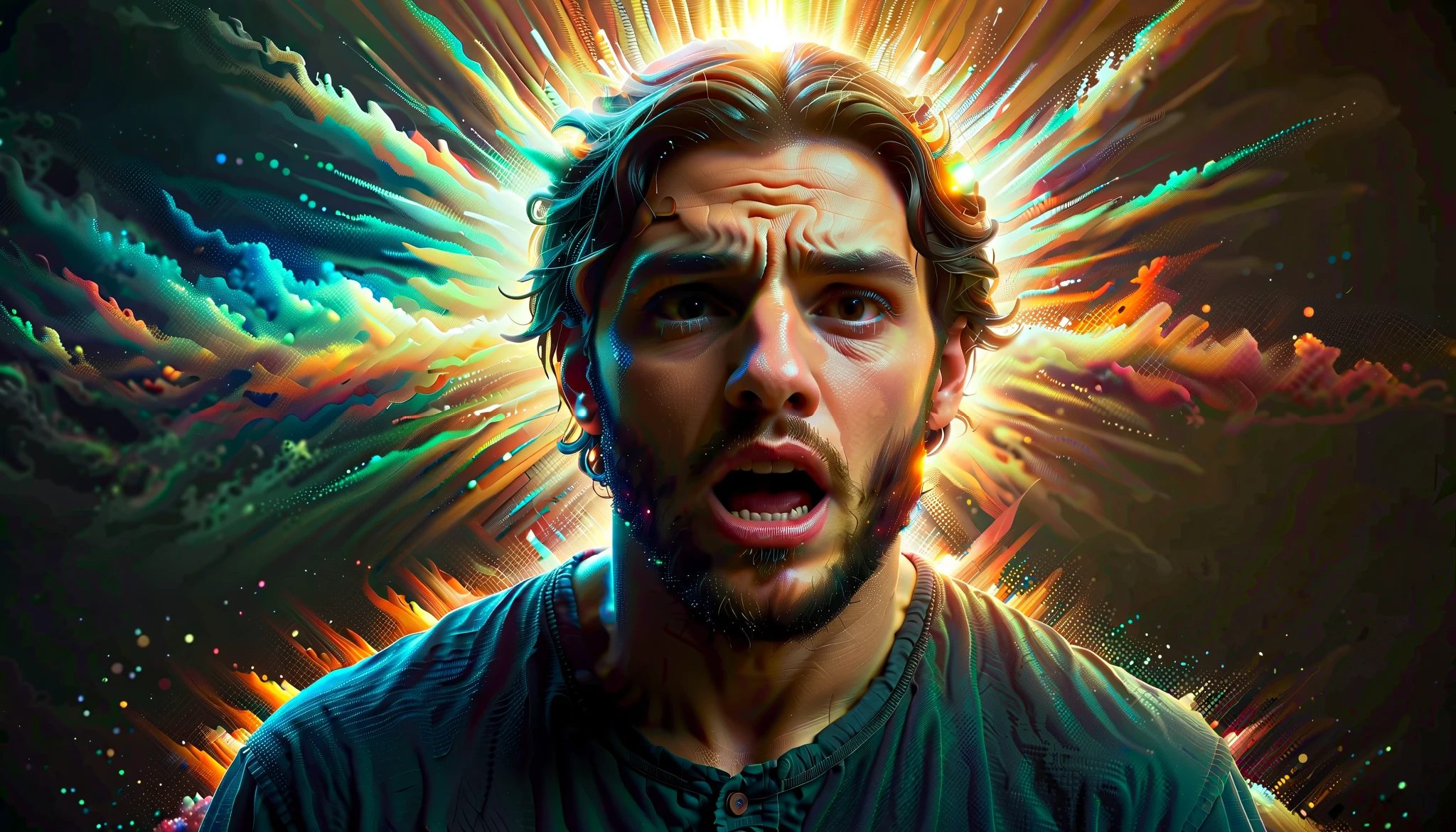 Attractive thumbnail for a YouTube video about the word of God . a person with a frightened face appears on the left of the image while on the right there is space for a text that will be added in the future. The Art of the Frightened Man is a classic Renaissance art mixed with modern illustration with lighting and aura , realistic, 4K, beautiful background in dark tones