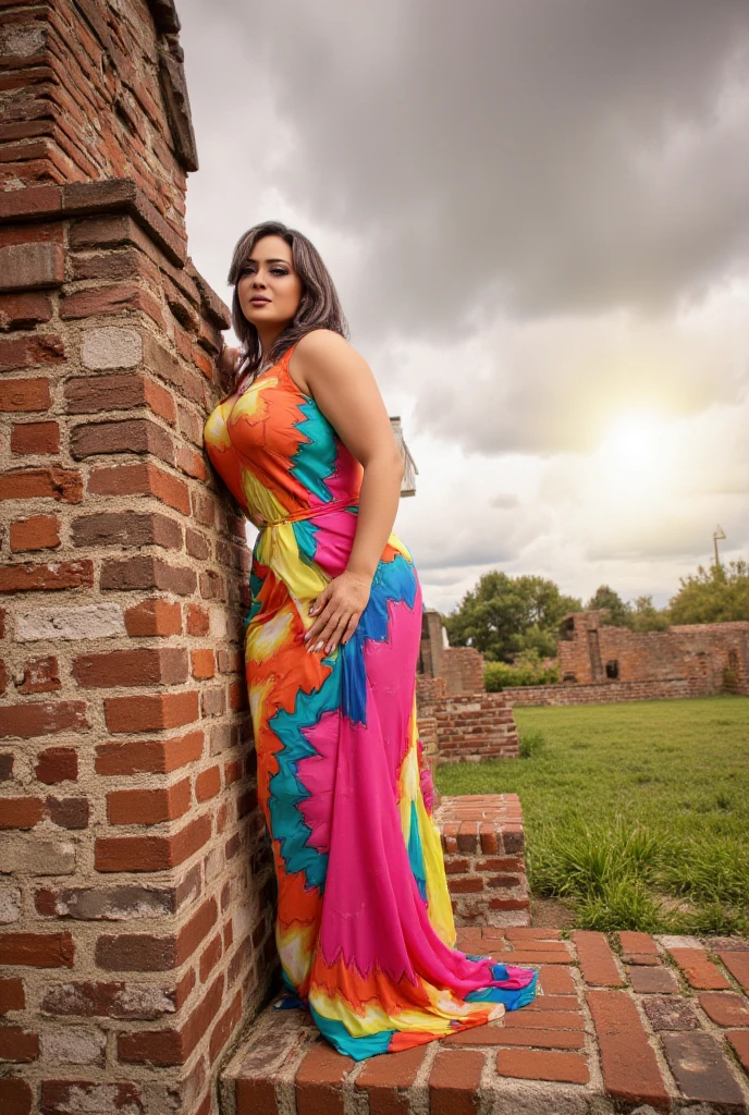 woman, fit, busty, light blue eyes, long brunette hair, gorgeous brightly colored sleeveless dress, plunging neckline, gray highlights, leaning up against an old ruined brick building, cloudy skies, sun shining through the clouds, god rays