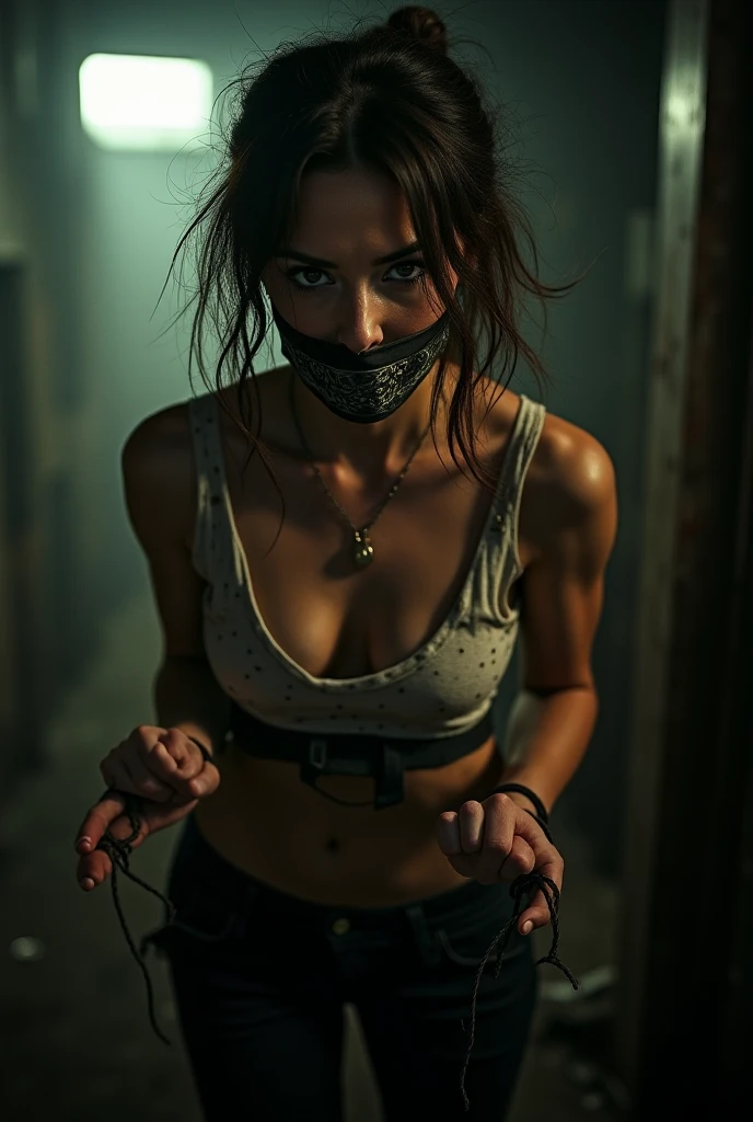 high quality, high resolution, extreme detail, masterpiece, Jill valentine, tied up by ropes, in the basement, bondage, restrained, mud, angry, blue ripp tanktop, blue jeans, chucks, Mouth gagged by tape, hands behind her back restrained