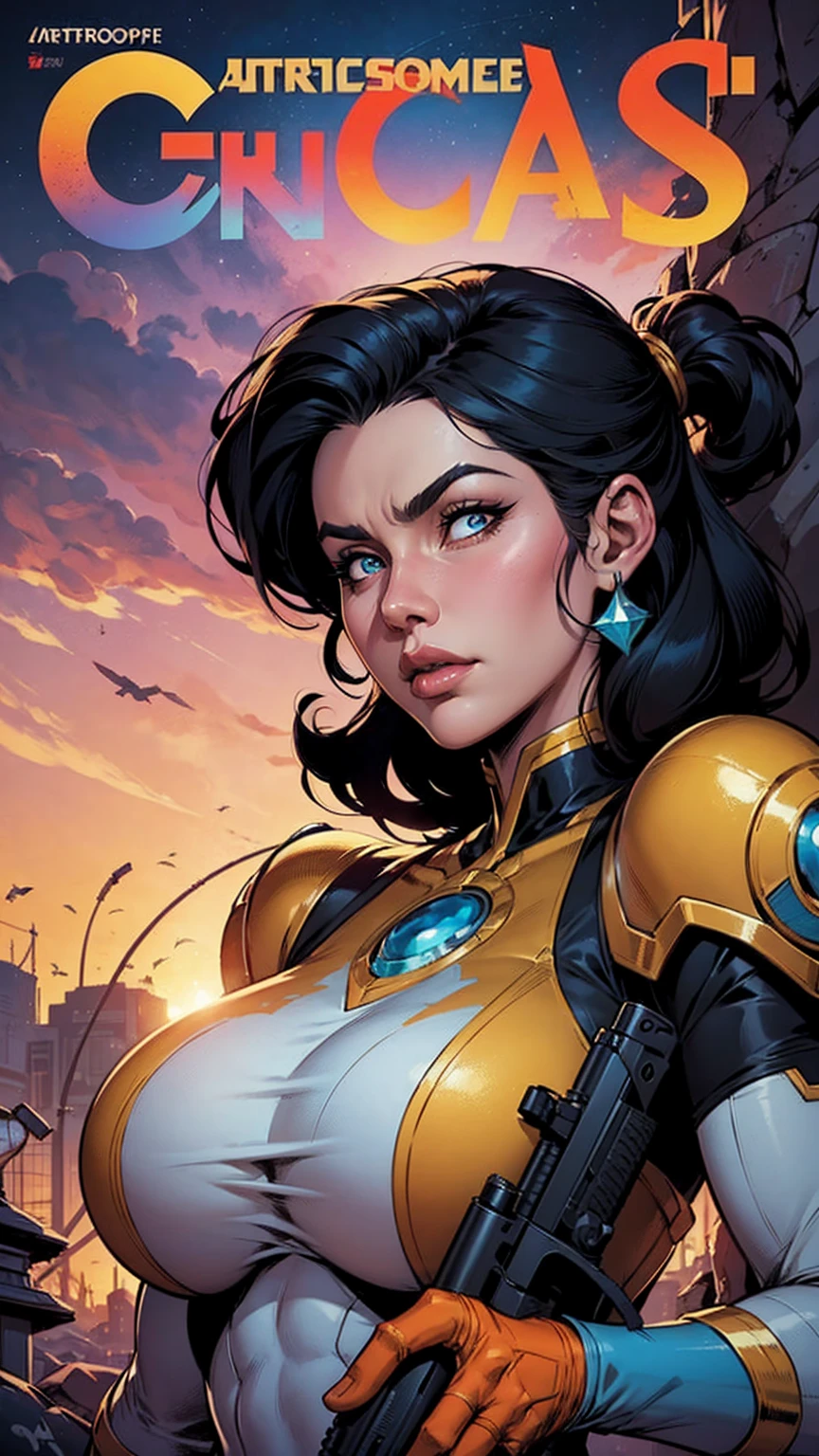 Best quality, 8K, woman retro super hero futurism, beautiful and detailed face, big eyelashes,LOOKING TO observer, ponytail,BLUE hair, long eyelashes, TRANSPARENT leotard, cleavage, GOLD metalic details, TAN pantyhose, sheer TAN gloves,sci-fi RETRO SPACESHIP scenario