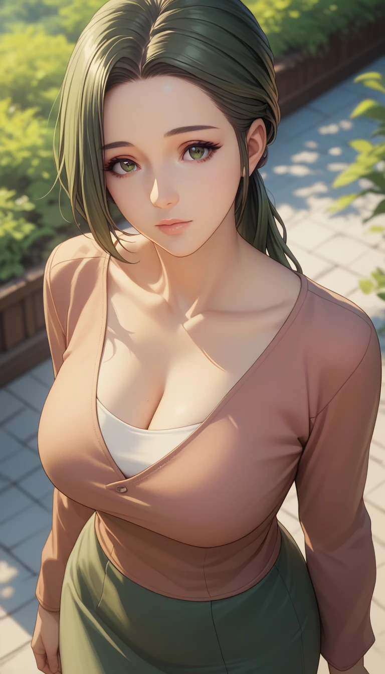 (masterpiece, best_quality:1.2), 1girl, solo, mature female, dark-green hair, low ponytail, (casual clothes, long sleeves, closed clothes, skirt), beautiful eyes, female focus, looking at viewer, large breast, cleavage, wide hips, ((above view)) ((close up shot)) ((solo)) detailed, very high resolution, no blurry image, standing, beautiful, elegant, serene expression, intricate details, detailed background, bedroom:1.3