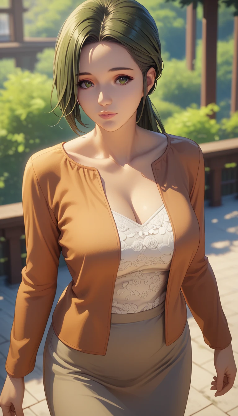 (masterpiece, best_quality:1.2), 1girl, solo, mature female, dark-green hair, low ponytail, (casual clothes, long sleeves, closed clothes, skirt), beautiful eyes, female focus, looking at viewer, large breast, cleavage, wide hips, ((above view)) ((close up shot)) ((solo)) detailed, very high resolution, no blurry image, standing, beautiful, elegant, serene expression, intricate details, detailed background, bedroom:1.3