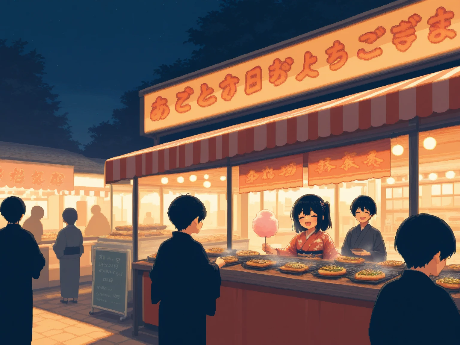 (masterpiece:1.3, highres:1.3, top quality, pixel art), Outdoor, night, People passing by:1.3, Fun atmosphere, bustling, fair:1.3, food cart:1.3, stall:1.3, takoyaki, Cotton candy, Grilled squid, okonomiyaki, Beef skewers, kimono, smile BREAK Drunk smiling customer, 8k wall paper:1.3