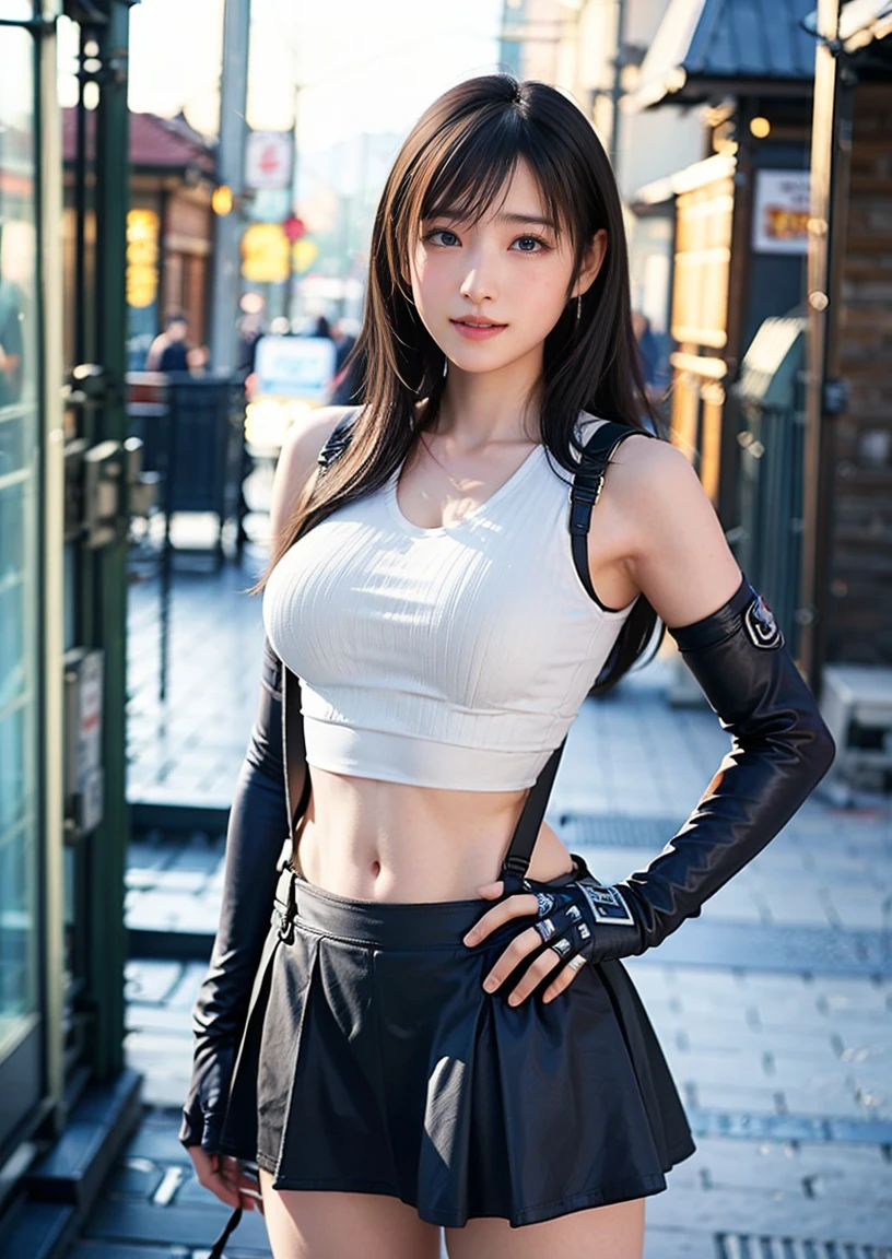 (8k, RAW photo, best quality, masterpiece:1.2), (realistic, photo-realistic:1.3),  <lora:koreanDollLikeness_v10:0.9>, <lora:tifaMeenow_tifaV1:0.8>, 1girl,  huge breasts, night, street, smile, front, suspender black skirt, elbow gloves, cinematic lighting,