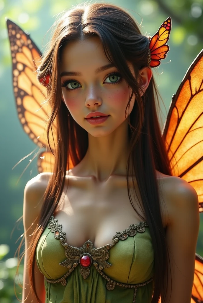 Butterfly Fairy,cleavage,Beautiful,Big red eyes,ragged attire,Clothes made of leaves,butterfly wings