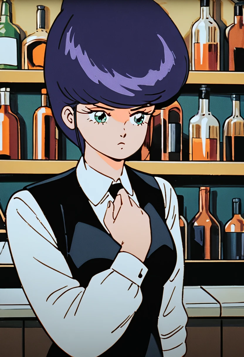  1 girl, Alone, bangs, ,   hand on own chest,  Jill Stingray,   long sleeve  ,  looking ,  purple hair,  Medium Breasts,  ties,  shirt, Alone,  upper body, vest,   bartender , vest, white  shirt, retro art style for stilets, 1980s \( style for stilets\),