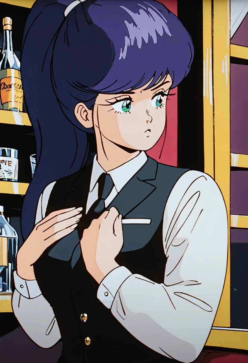  1 girl, Alone, bangs, ,   hand on own chest,  Jill Stingray,   long sleeve  ,  looking ,  purple hair,  Medium Breasts,  ties,  shirt, Alone,  upper body, vest,   bartender , vest, white  shirt, retro art style for stilets, 1980s \( style for stilets\),