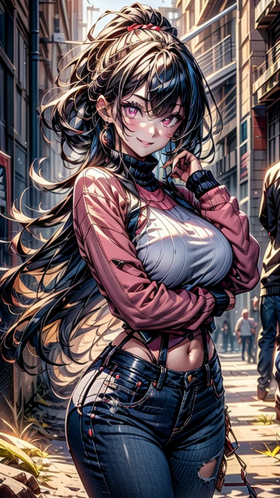 plano general, cuerpo entero, (high resolution:1.2),ultra detallado, realista, Sharp focus,vistoso,4k,8k, HD. obra maestra, hiper realista, hiper detallado,1 chica hermosa, alegre, hermosa sonrisa ,risilla, Con sombrero rojo, pendientes, camuflaje rojo, sudadera roja, leggins rojos, pelo largo, Brown hair, mask, nasolabial , de pie, MEDIO, Armada, pendientes, (realidad: 1.5), ciberpunk, neon city, neon, 3D, cgi, Volumetric ray, white sclera, Brown eyes,