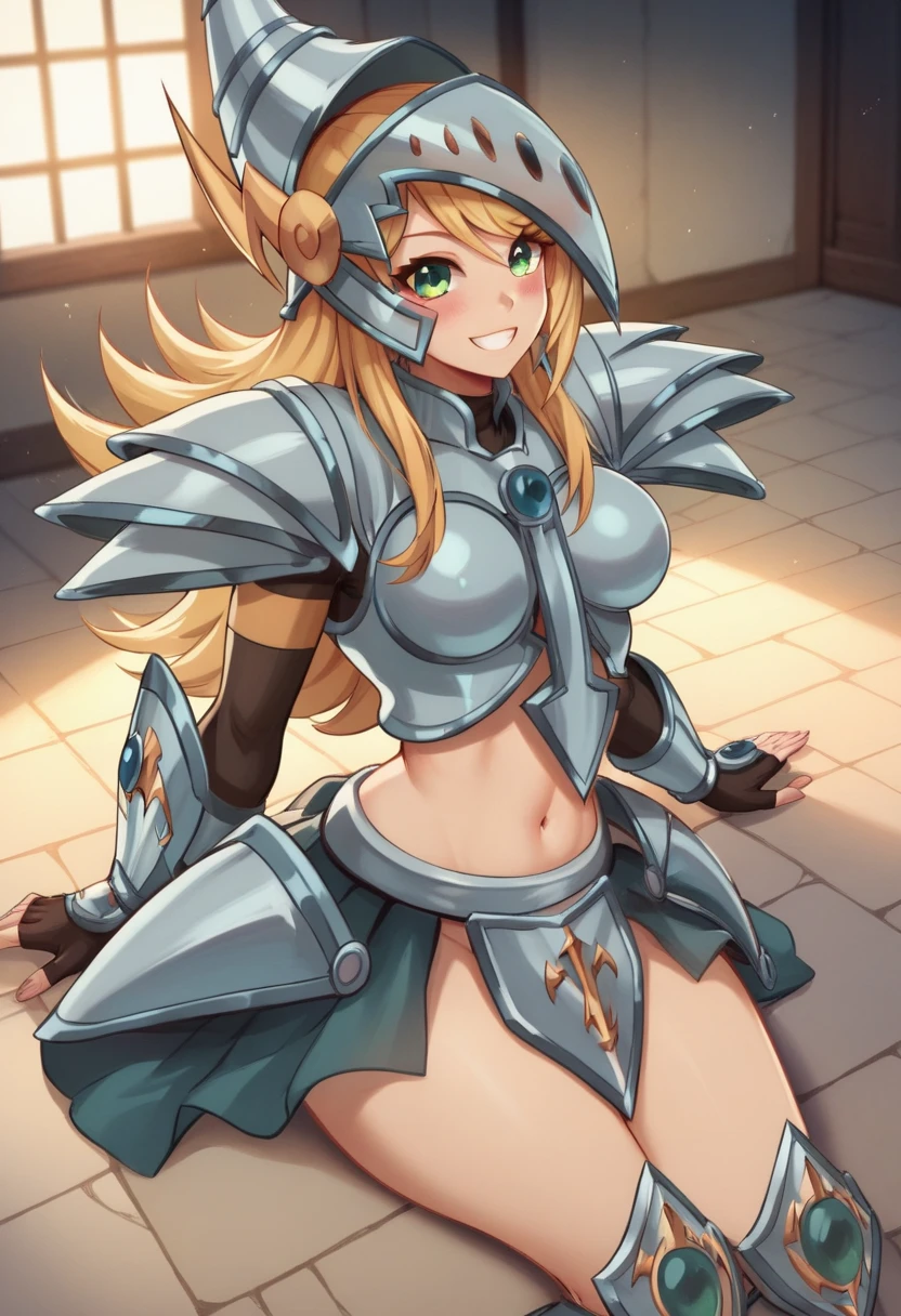 masterpiece, best quality, looking at viewer, smile, teeth, blush, k1n0sh1ta, blonde hair, green eyes, swept bangs, sidelocks, long hair, medium breasts,zzDMGDragonKnight, armor, helmet, on floor, sitting, indoors, dungeon, 