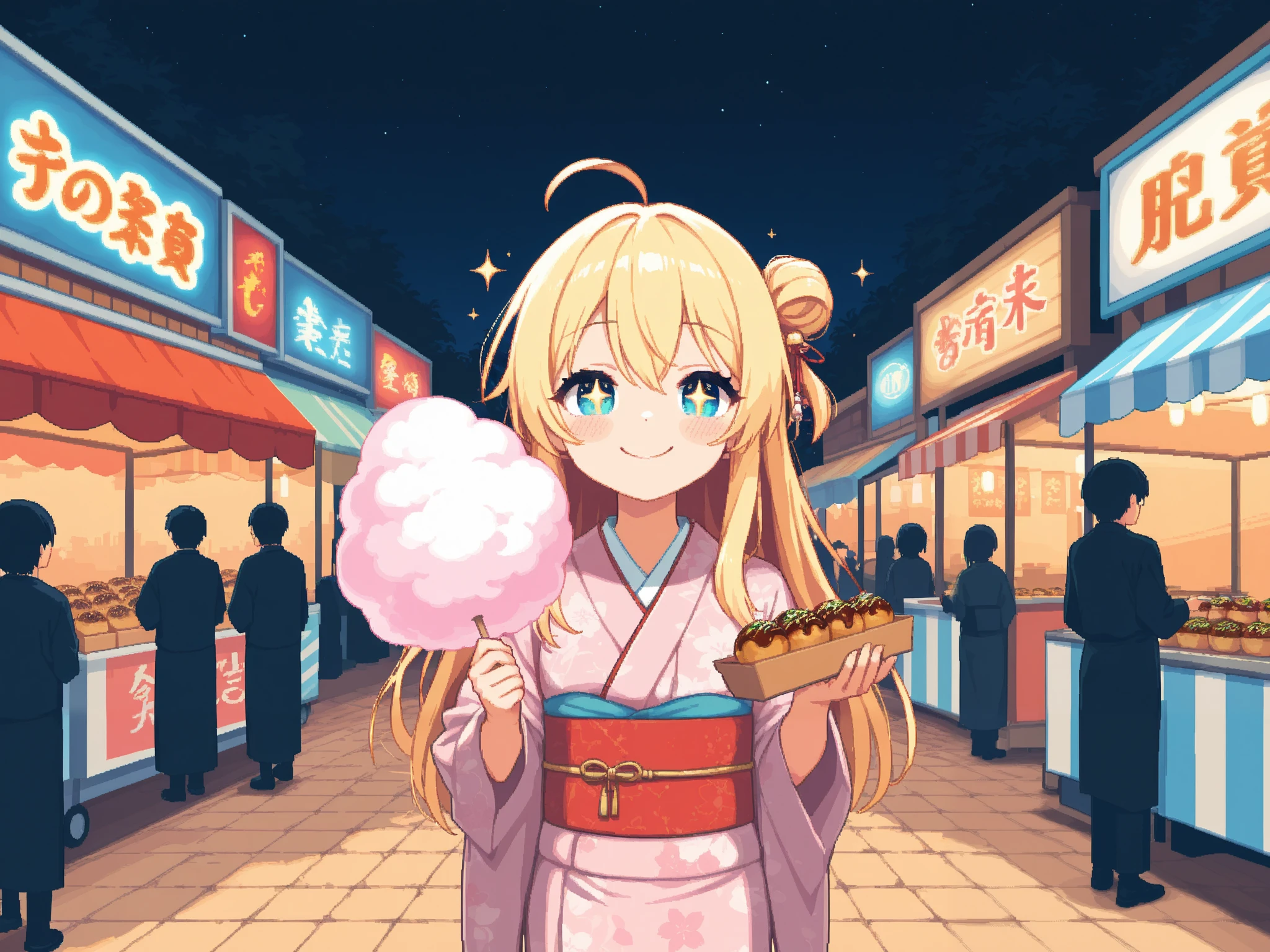 (masterpiece:1.3, highres:1.3, top quality, pixel art), Outdoor, night, People passing by:1.3, Fun atmosphere, bustling, fair:1.3, many food cart:1.3, stall:1.3, takoyaki, Cotton candy, 3girl, Make your eyes sparkle, + +:1.3, kimono, smile BREAK Drunk smiling customer, 8k wall paper:1.3