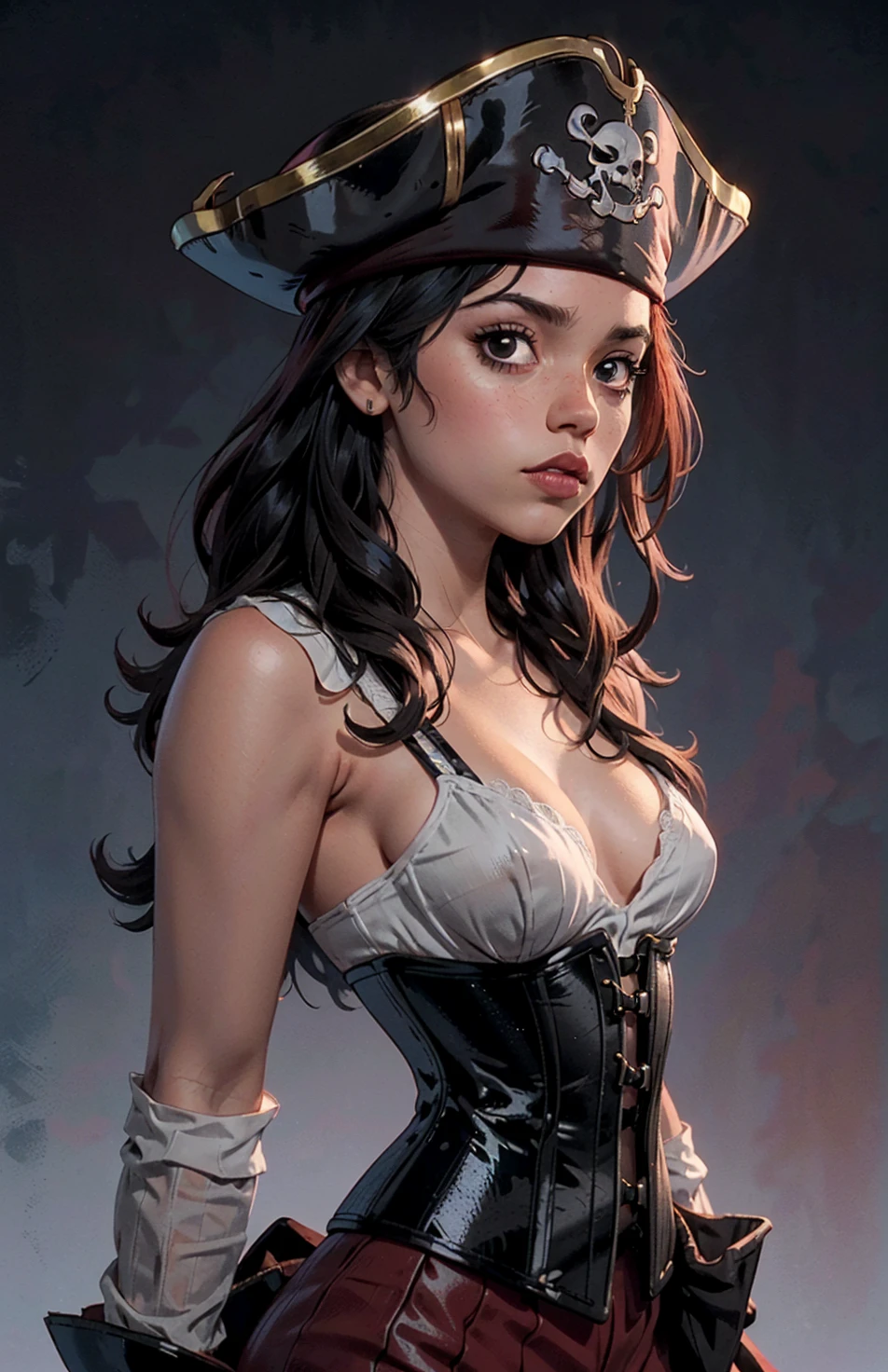 one girl, solo, (bust, upper body, front view:1.2), black eyes, jenna ortega, captain jack sparrow, pirate, pirate hat, pirate outfit, corset, (flat chest, male chest, small breasts, tiny breasts, cleavage, exposed breasts:1.3), (masterpiece, highly detailed, look at viewer, shiny blured grey background, gradient sprayed background, blured background:1.2)