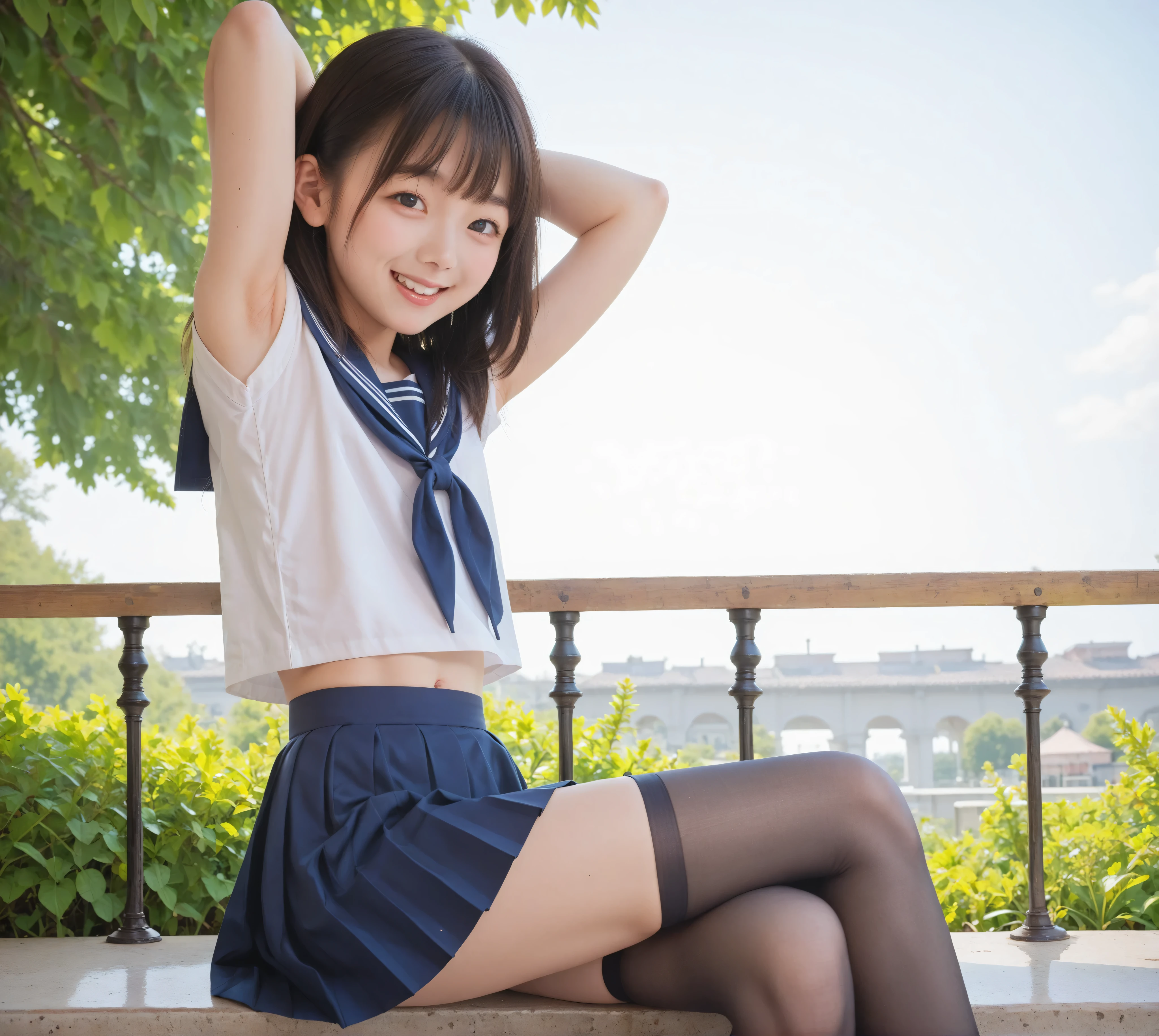  Short Sleeve Sailor Suit ,young cute girl,masterpiece,4K,8k,16k,Thin arms, white skin, Thin Thighs:1.5, thin body,delicate,Young,  black stockings,Sitting on a riverside bank, can see your armpits,smile, watching here, taken from the side, very skinny,No excess fat , navy blue skirt