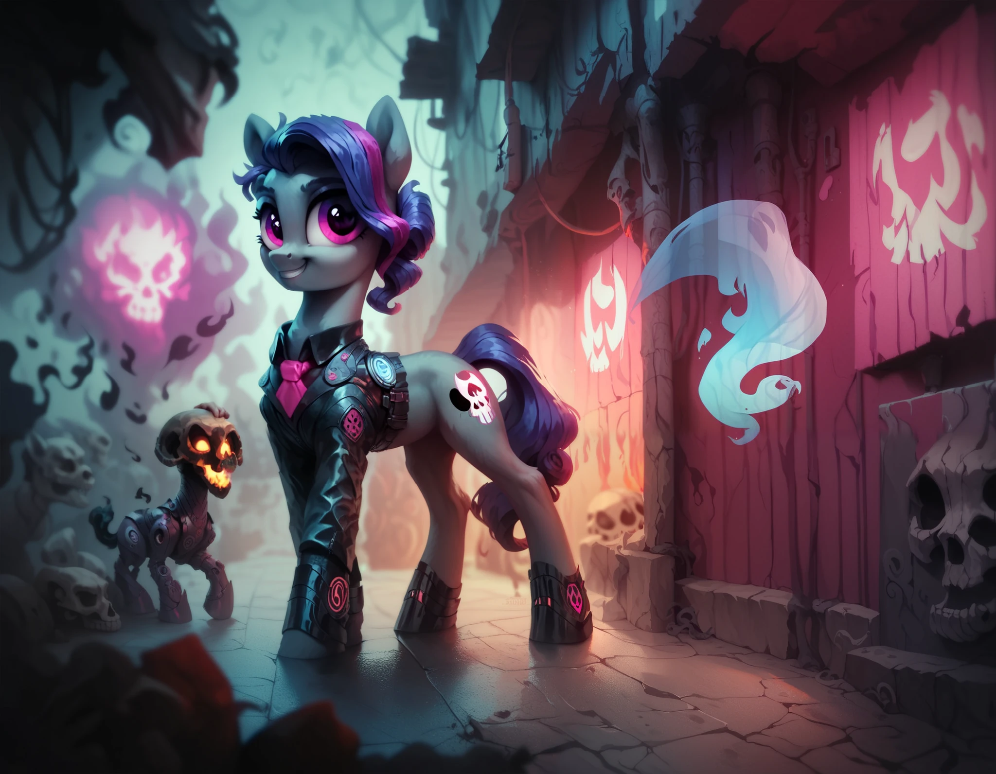 score_9, score_8_up, score_7_up, score_6_up, score_5_up, score_4_up, score_9, feral, future cute pretty she pony,survivor equipament,calm,fire skull cutie mark , headless pony ,ghost fire tail,black smoke hooves