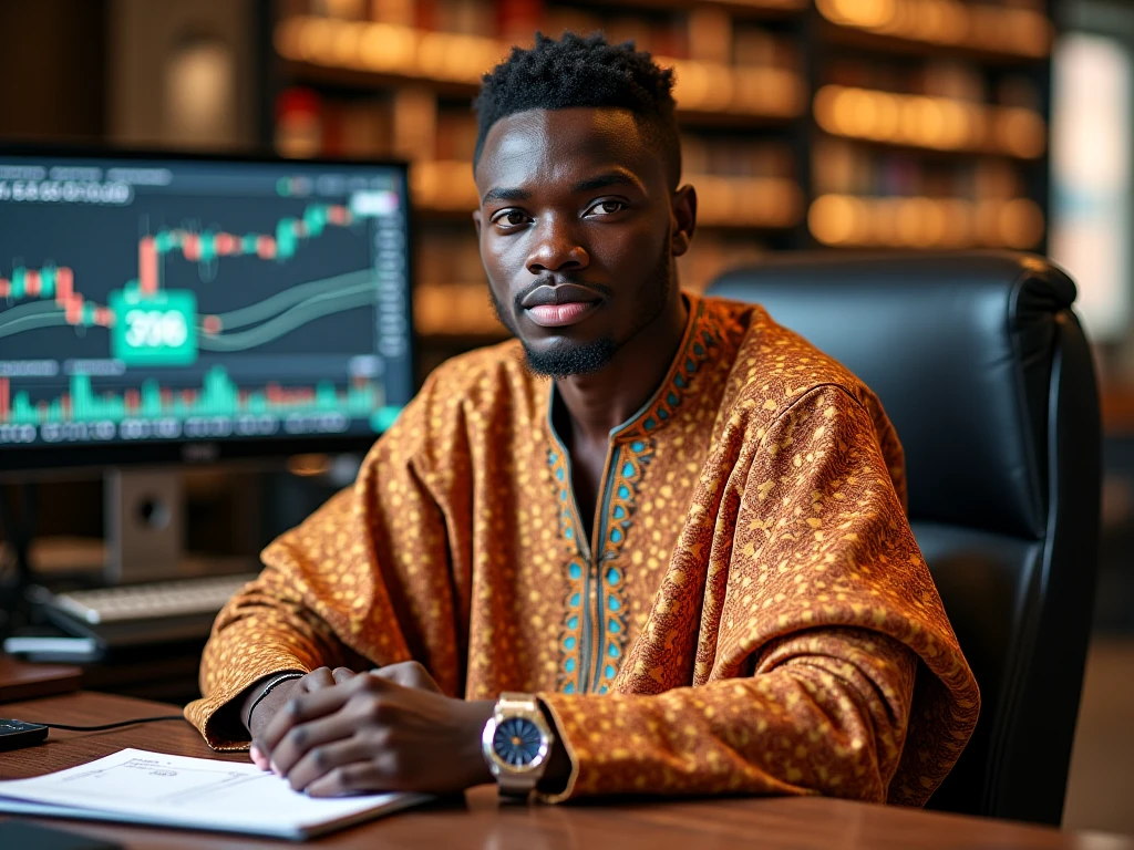 Generate somali men forex and crypto trader I want his dress to be somalia culture and background win trades and i want his office and his computers and i want the trader man his face must be in the front of computers