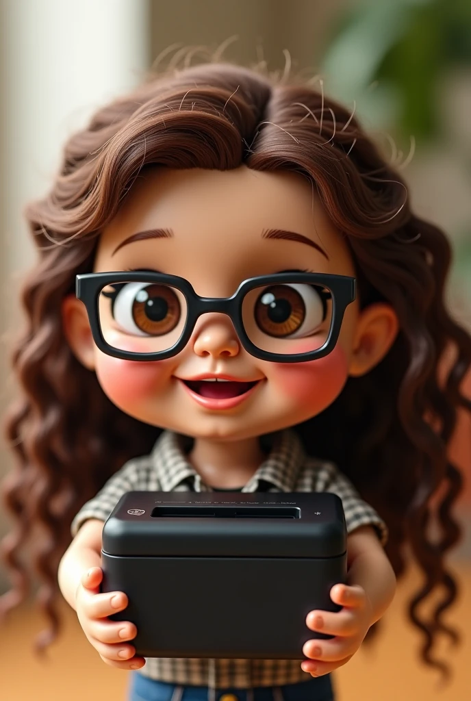 I want a picture of a 10-year-old girl with curly hair and glasses and a school van