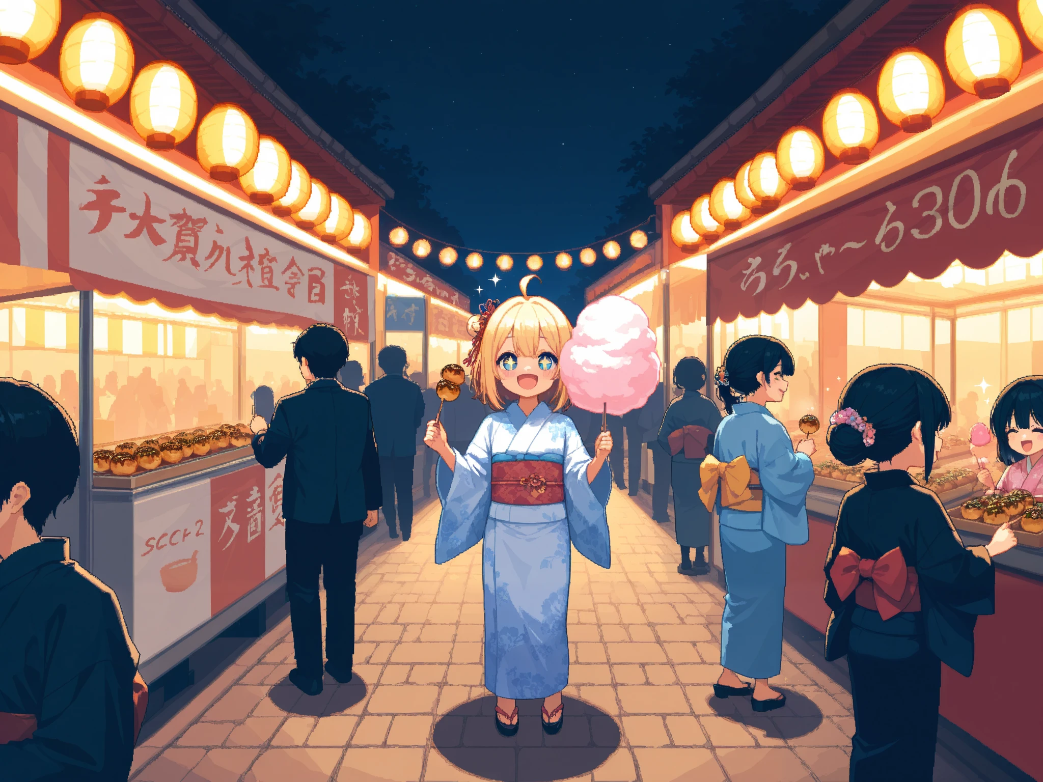 (masterpiece:1.3, highres:1.3, top quality, pixel art), Outdoor, night, many People passing by:1.3, Fun atmosphere, bustling, fair:1.3, many food cart:1.3, stall:1.3, takoyaki, Cotton candy, 3girl, Make your eyes sparkle, + +:1.3, kimono, smile BREAK Drunk smiling customer, 8k wall paper:1.3