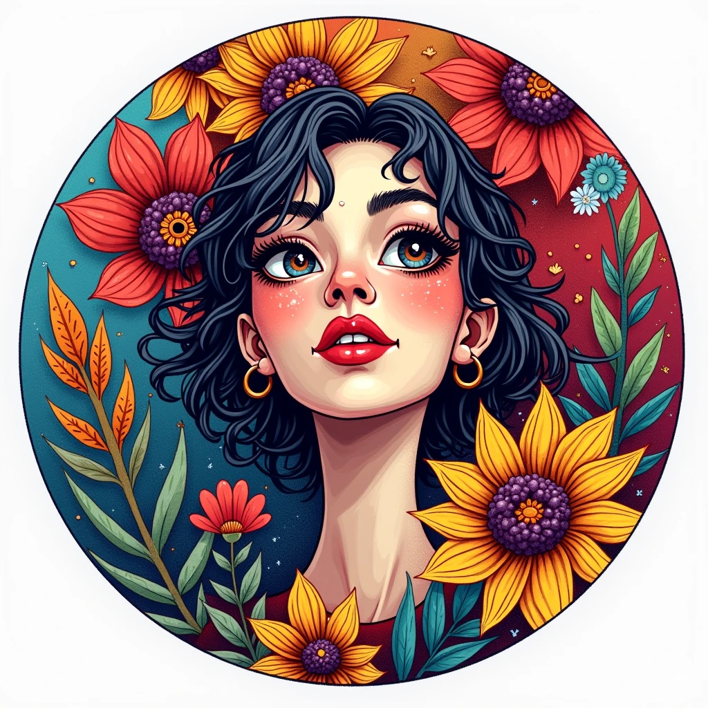 a circle shaped sticker,centered, (((art nouveau illustration ornamental frame mandatory))), intricately detailed t-shirt design ready for print , 2d, disco queen plus size woman looking like in ecstasy Jennifer Connely with full lips and short hairstyle from 80's nude, large boobs visible, torso up, seductive expression, frontal perspective, vibrant colors, white background, vector t-shirt art ready for print, intricate rich extremely complex ornaments illustration,, extremely detailed and complex illustration, high detail, , 8K-AR, Pro Vector, high quality, vibrant colors, digital art, 8k, clean lines style, intricate high details, white background
