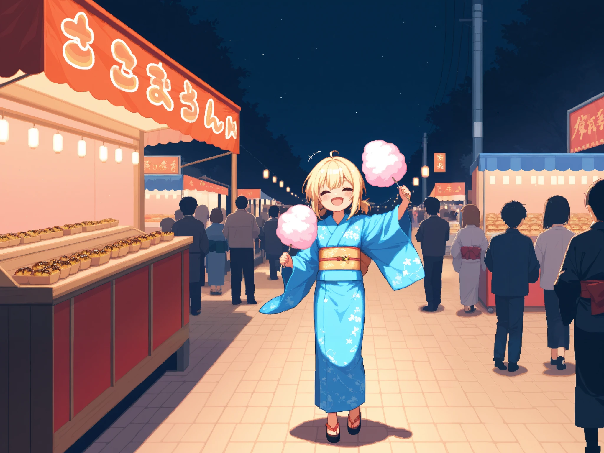 (masterpiece:1.3, highres:1.3, top quality, pixel art), Outdoor, night, People passing by:1.3, Fun atmosphere, bustling, fair:1.3, many food cart:1.3, stall:1.3, takoyaki, Cotton candy, kimono, smile BREAK Drunk smiling customer, 8k wall paper:1.3