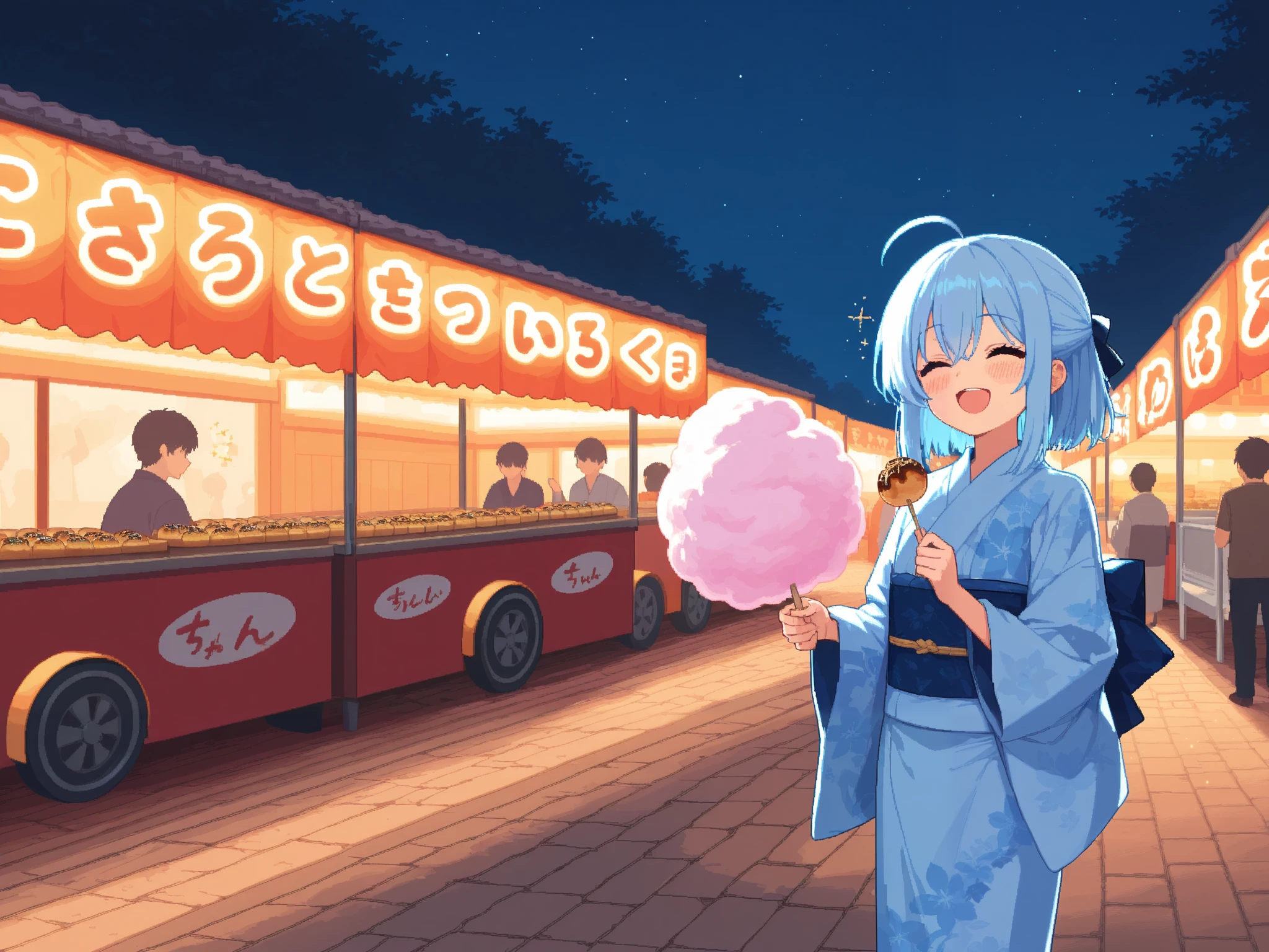 (masterpiece:1.3, highres:1.3, top quality, pixel art), Outdoor, night, People passing by:1.3, Fun atmosphere, bustling, fair:1.3, many food cart:1.3, stall:1.3, takoyaki, Cotton candy, kimono, smile BREAK Drunk smiling customer, 8k wall paper:1.3