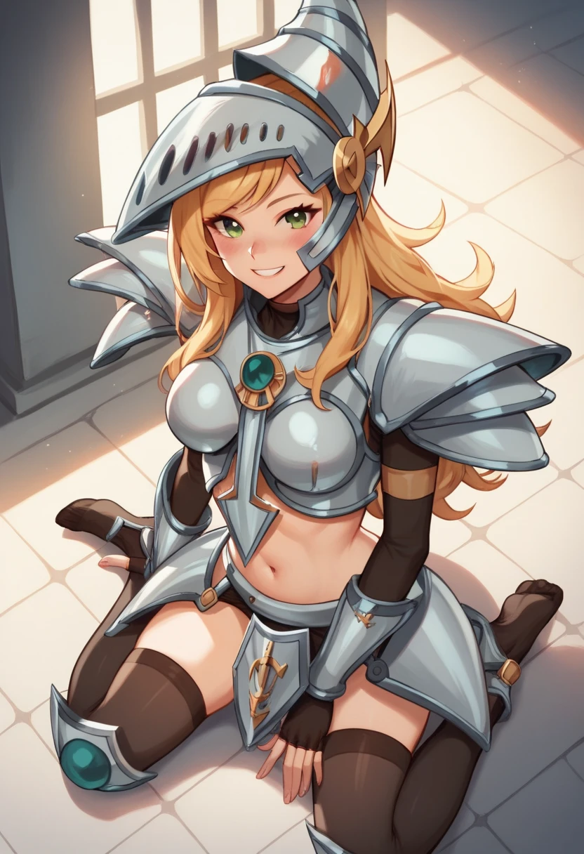 masterpiece, best quality, looking at viewer, smile, teeth, blush, k1n0sh1ta, blonde hair, green eyes, swept bangs, sidelocks, long hair, medium breasts, armor, helmet, on floor, sitting, dungeon,, looking at viewer, pov, from front