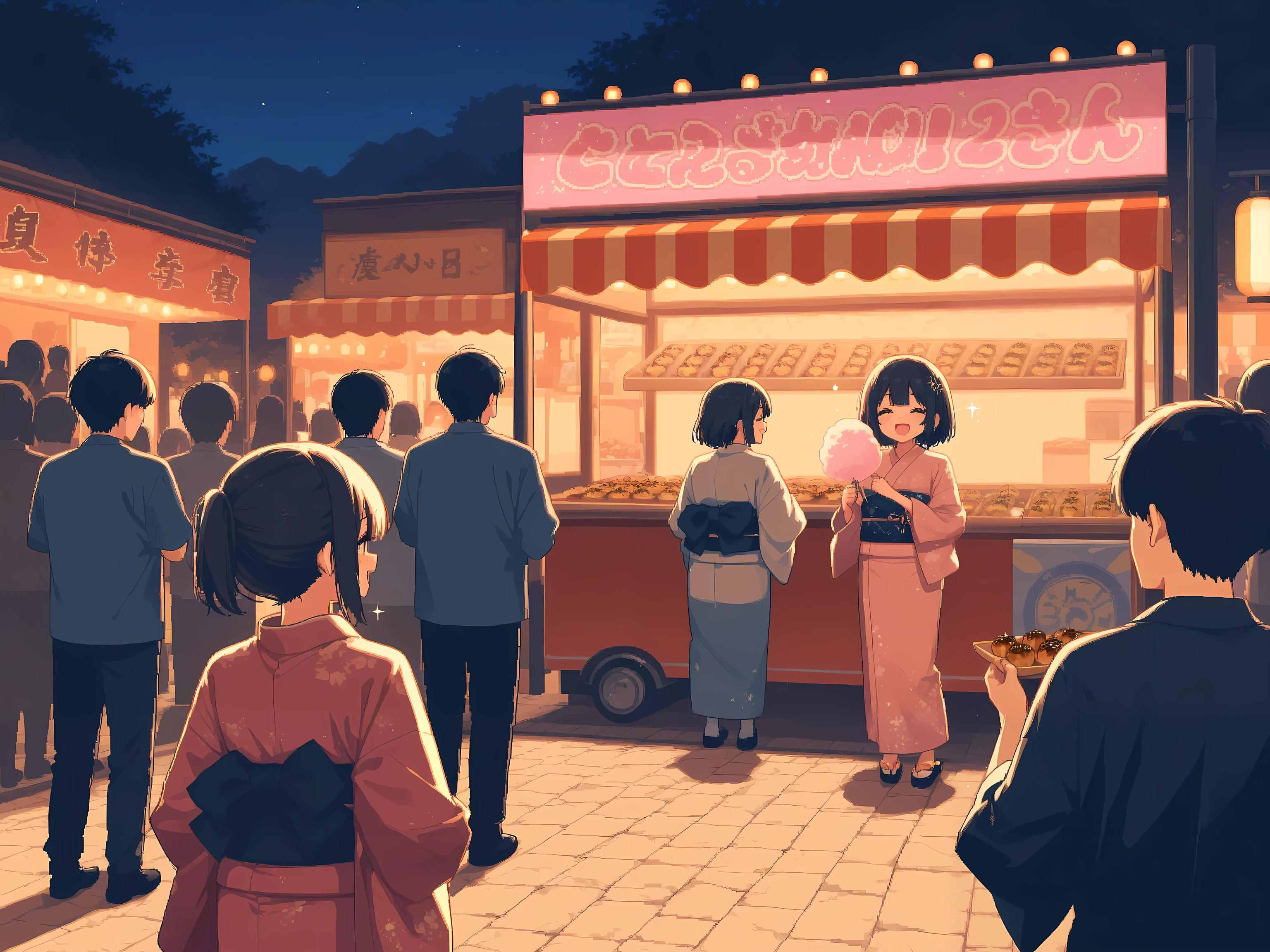 (masterpiece:1.3, highres:1.3, top quality, pixel art), Outdoor, night, many People passing by:1.3, Fun atmosphere, bustling, fair:1.3, many food cart:1.3, stall:1.3, takoyaki, Cotton candy, 3girl, Make your eyes sparkle, + +:1.3, kimono, smile BREAK Drunk smiling customer, 8k wall paper:1.3