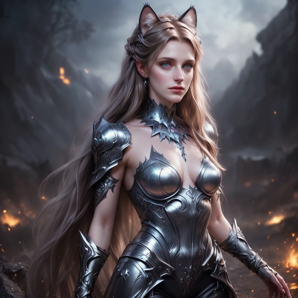Ice wind dale covered with snow there stand female snow jaguar with cat ears that have lot of piercing, she have beatiful face yellow ember eyes, seductive face expression, she dressed in white with black spots furr clothing armor with mettalic claws covered with blood on her hands, her body cover with scars and tattoo, (ultra high quality fantasy art, dark fantasy style, masterpiece, ultra high quality character design, 8k quality anime art, realistic anime art, top quality wallpaper illustration, detailed ultra high quality accurate face, high quality design and accurate physic)