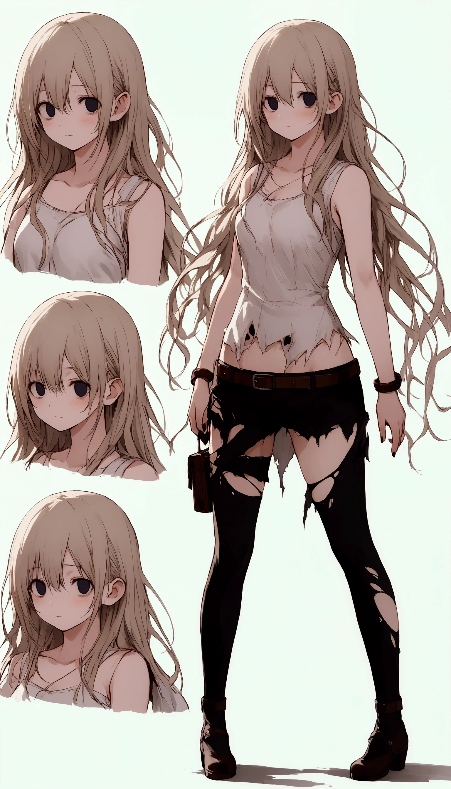 Resident Evil. Zombie apocalypse. 2 images. Anime. Girl. Cute. Infected. Zombie. Empty eyes. Tangled hair. Torn blouse. Torn skirt. Torn panties. Torn stockings. Without Torn shoes. Panties visible. Peed herself. Standing. Full length Character design sheet. No background. White background. No wallpaper. White wallpaper. High resolution. Two character images. Ultra resolution.