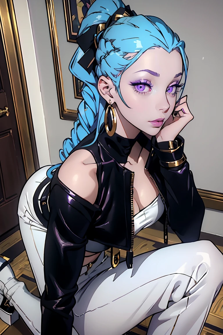 Goddess ((goddess-like woman)), slim elegant silhouette, masterpiece, (close angle), best quality, ((Nona/DeathParade)), pale skin, fair skin, sweet face, (masterpiece:1,2, best quality), (real picture, intricate details), (1 lady , solo, medium , slim waistline), blue hair, curly blue hair, (BLUE HAIR), makeup, lipstick, perfect makeup, Purple eyes, she has an impressive presence, bracelet, big hoop earring, beautiful face, beautiful eyes, Beautiful Eyes, big eyes she looks at the viewer, she Wears a black Velvet Tracksuit and ankle boots high heels, v3lv3tj0gg3r, black velvet jacket, black velvet jacket, open jacket, closed jacket, white shoes, midriff, velvet pants, white crop top, high-waist skirt, black velvet pants, ankle boots, high heels, sexy high heels, heel 15 cm, large gold hoop earrings, sweet irresistible smile, elegant pose, large gold hoop earrings, elegant pose, elegant hands, beautiful hands, perfect fingers , Background: room, white walls, she is standing looking to the viewer ready for the interview, well lit